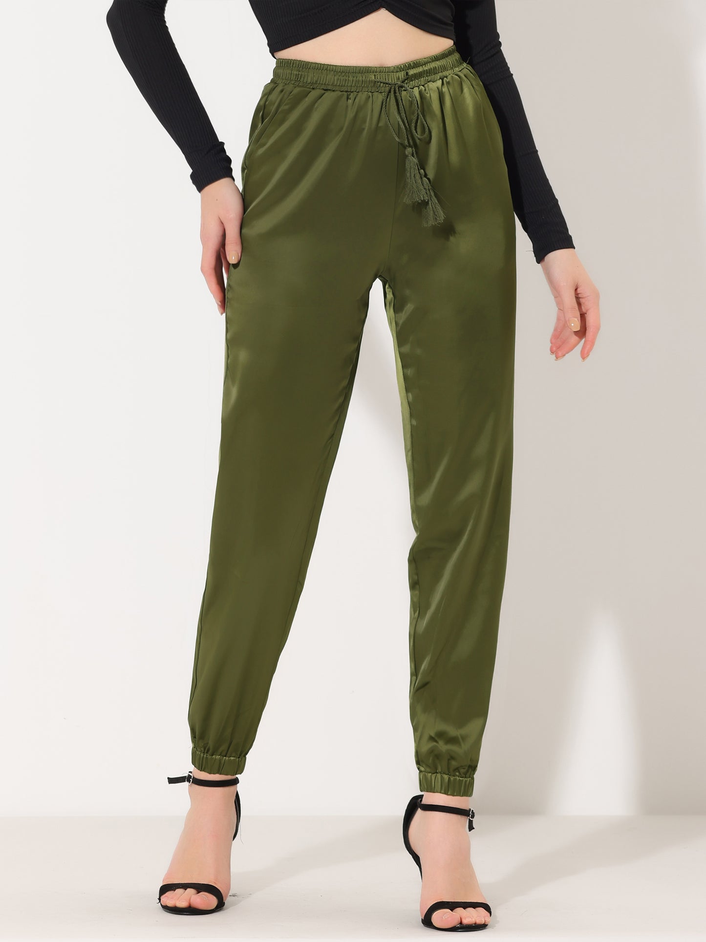 Women's Drawstring Elastic Waist Athleisure Pants Casual Ankle Length Satin Joggers with Pocket