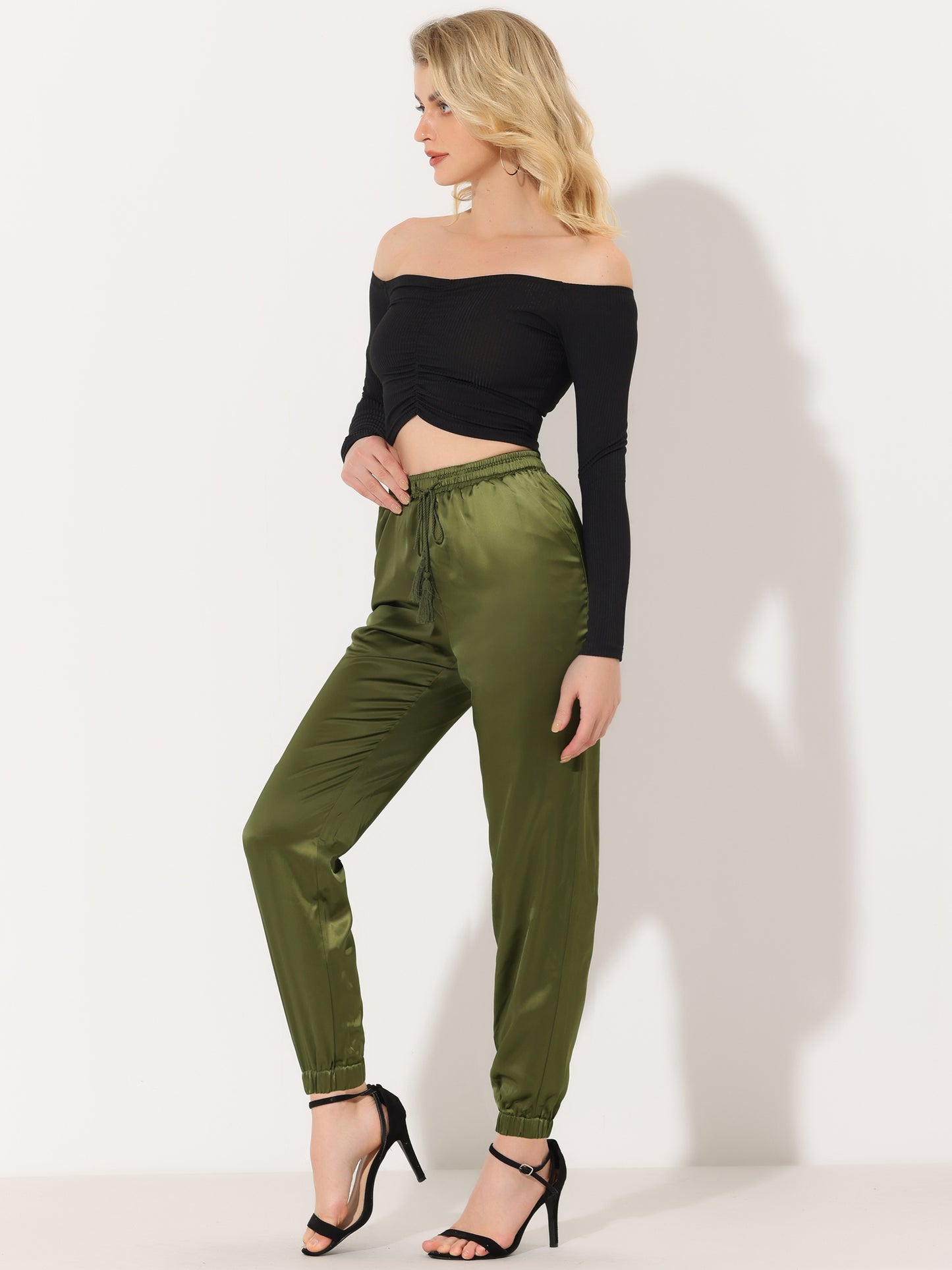 Women's Drawstring Elastic Waist Athleisure Pants Casual Ankle Length Satin Joggers with Pocket