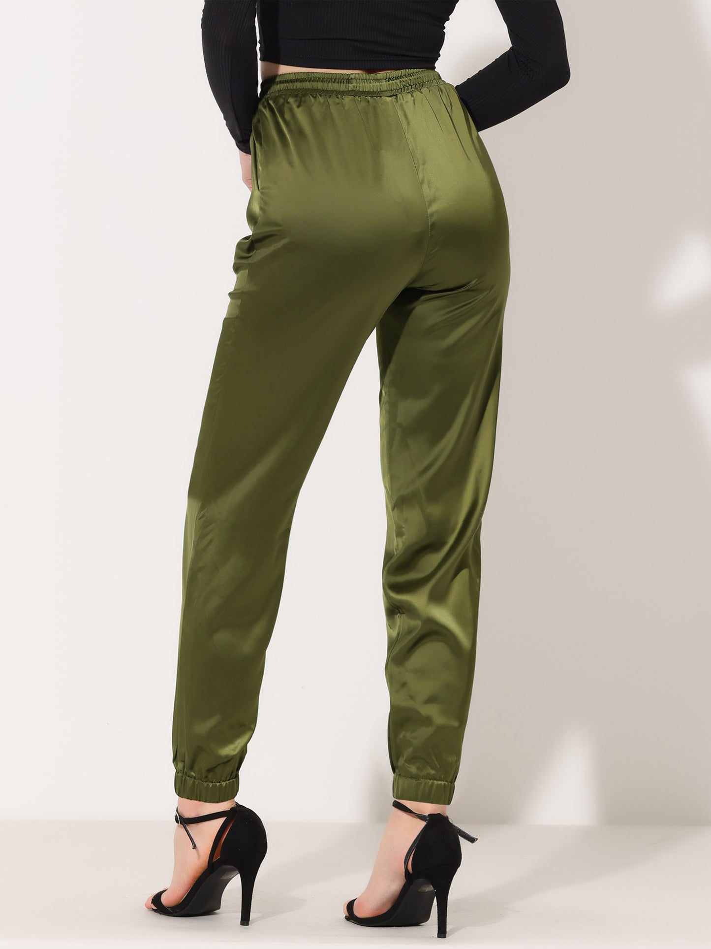 Women's Drawstring Elastic Waist Athleisure Pants Casual Ankle Length Satin Joggers with Pocket