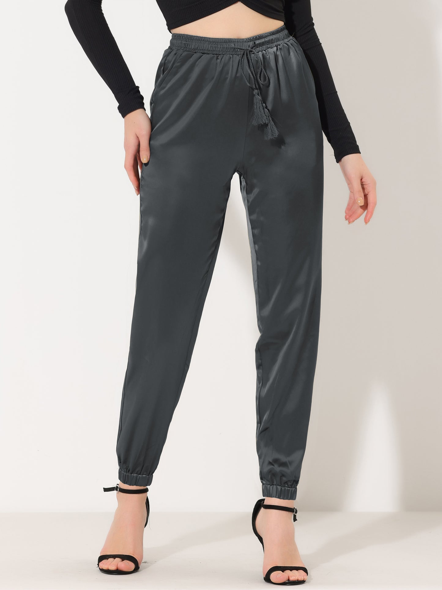 Women's Drawstring Elastic Waist Athleisure Pants Casual Ankle Length Satin Joggers with Pocket