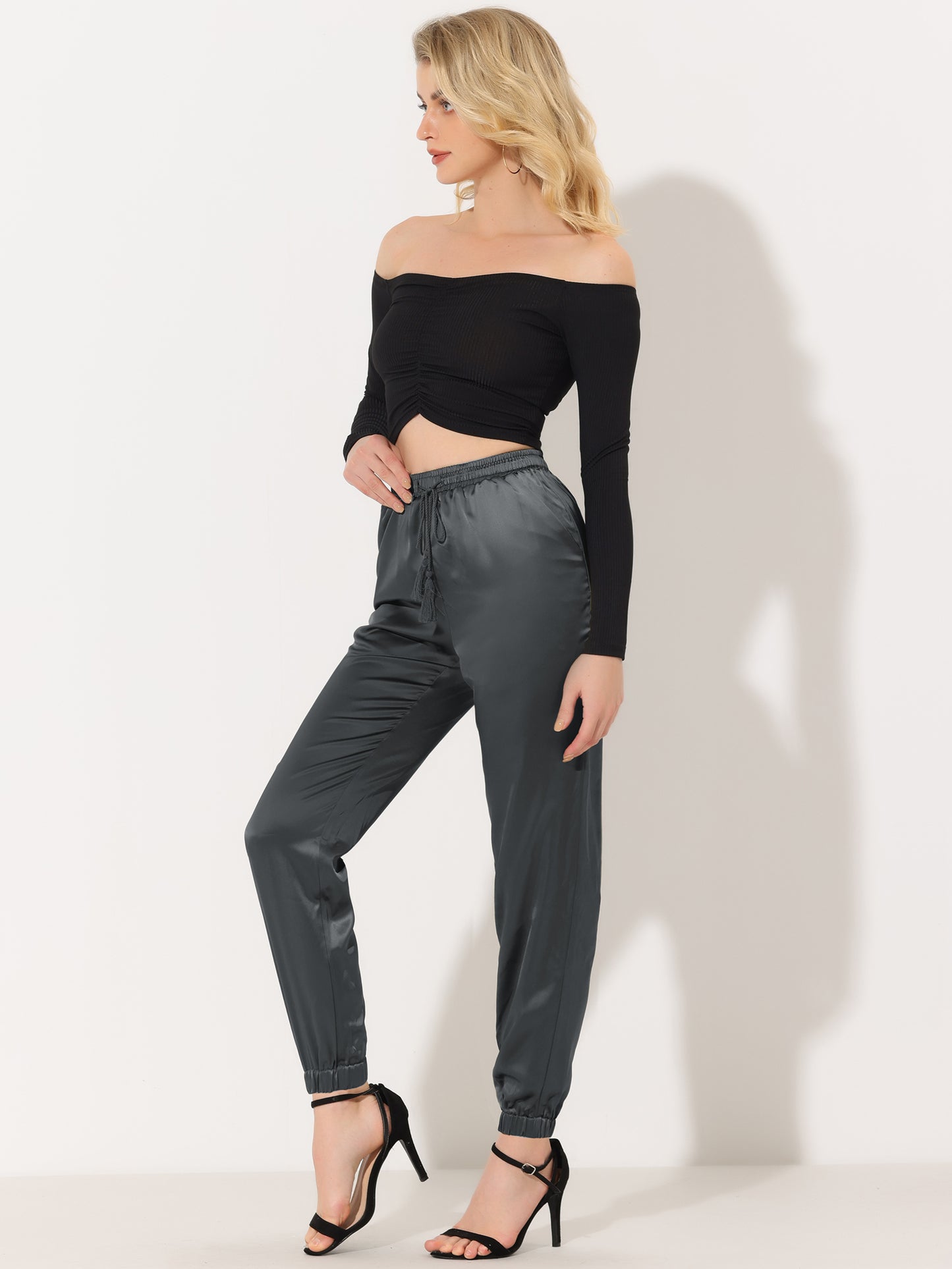 Women's Drawstring Elastic Waist Athleisure Pants Casual Ankle Length Satin Joggers with Pocket