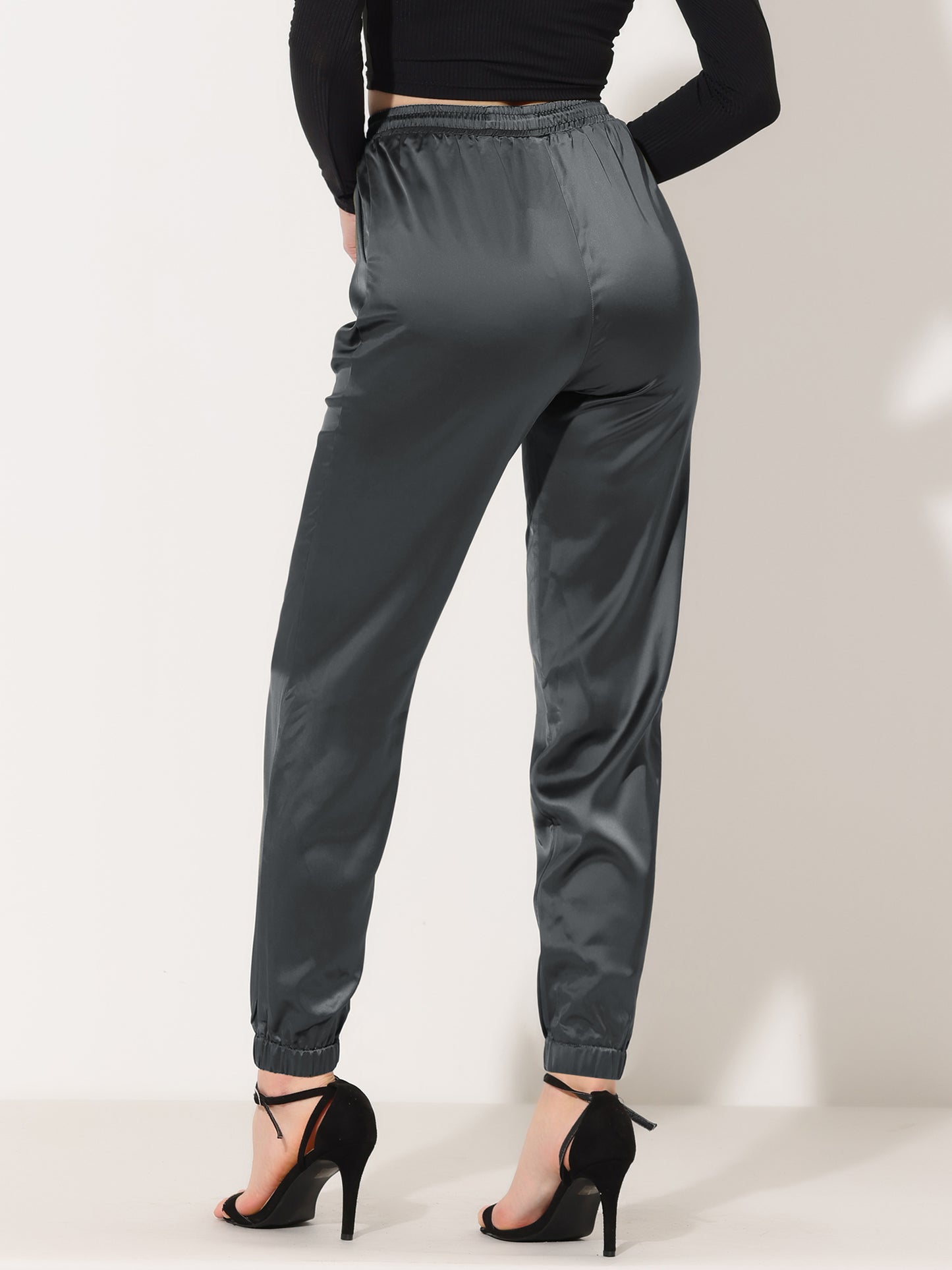 Women's Drawstring Elastic Waist Athleisure Pants Casual Ankle Length Satin Joggers with Pocket