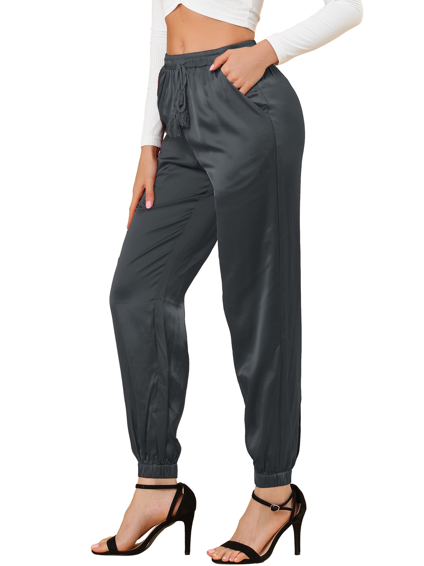 Women's Drawstring Elastic Waist Athleisure Pants Casual Ankle Length Satin Joggers with Pocket