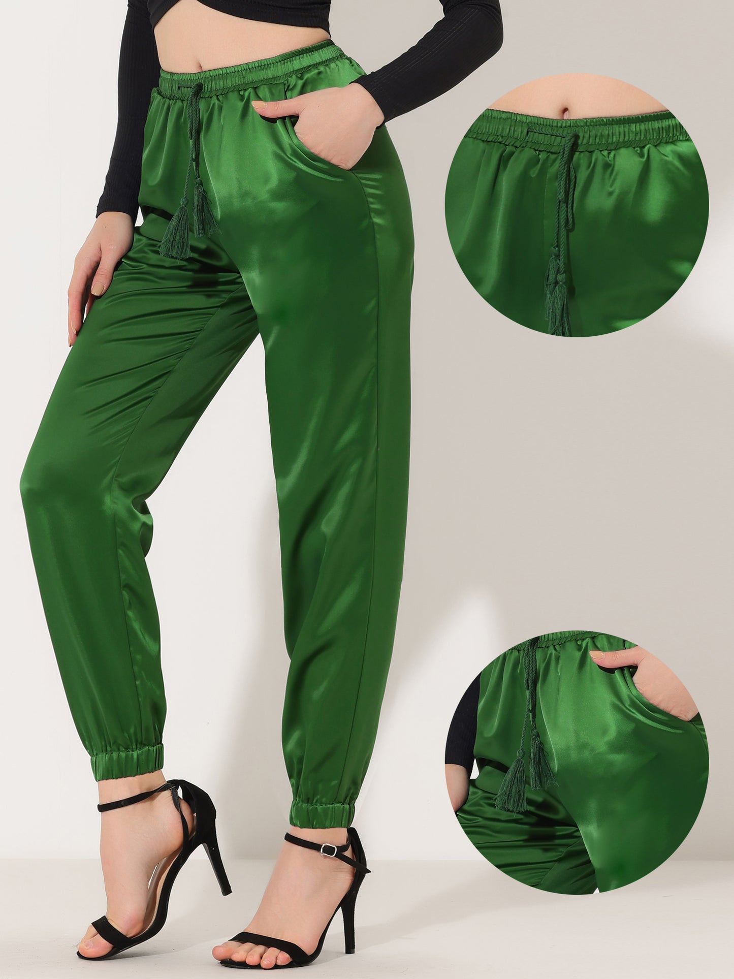 Women's Drawstring Elastic Waist Athleisure Pants Casual Ankle Length Satin Joggers with Pocket