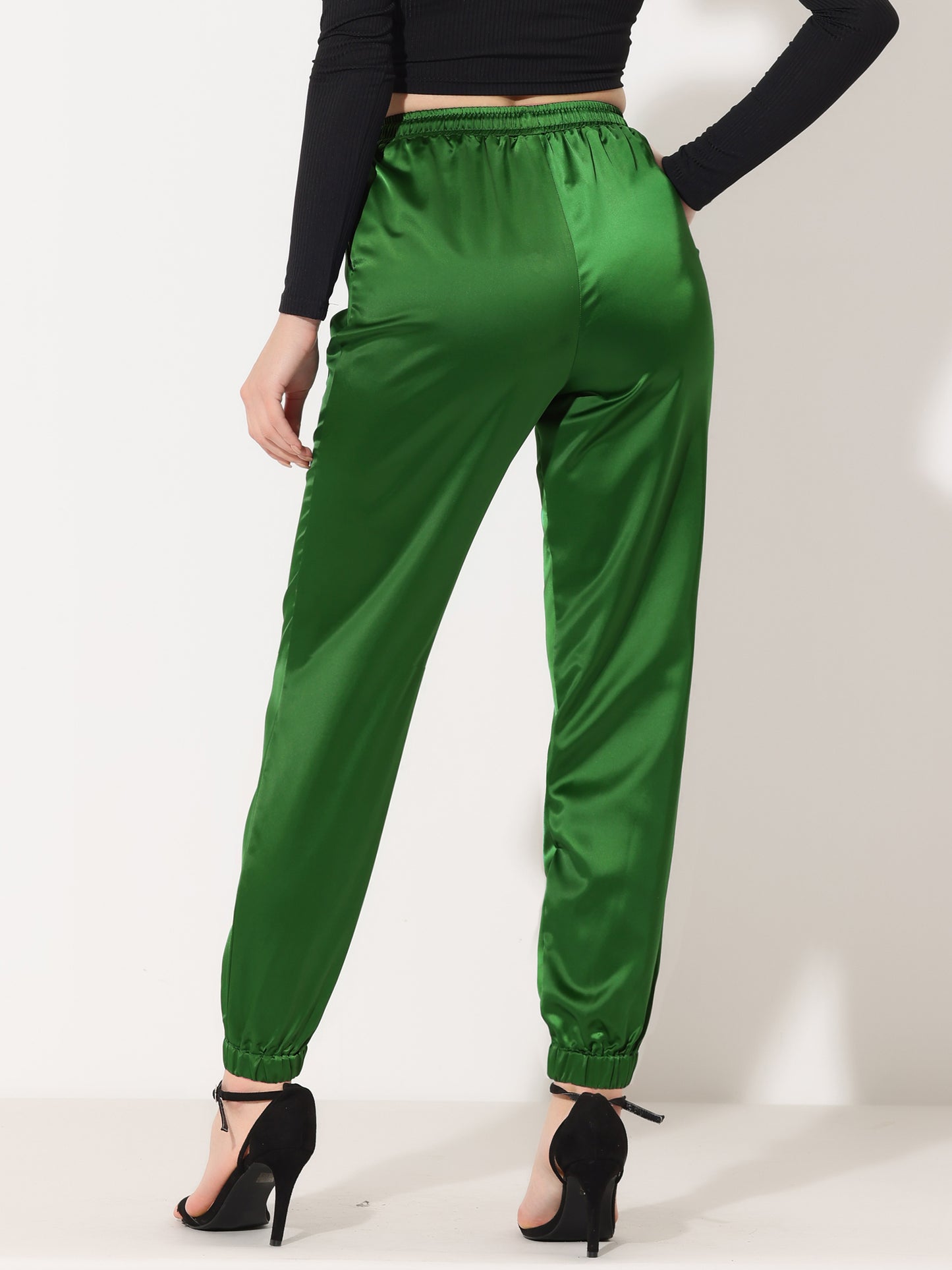 Women's Drawstring Elastic Waist Athleisure Pants Casual Ankle Length Satin Joggers with Pocket