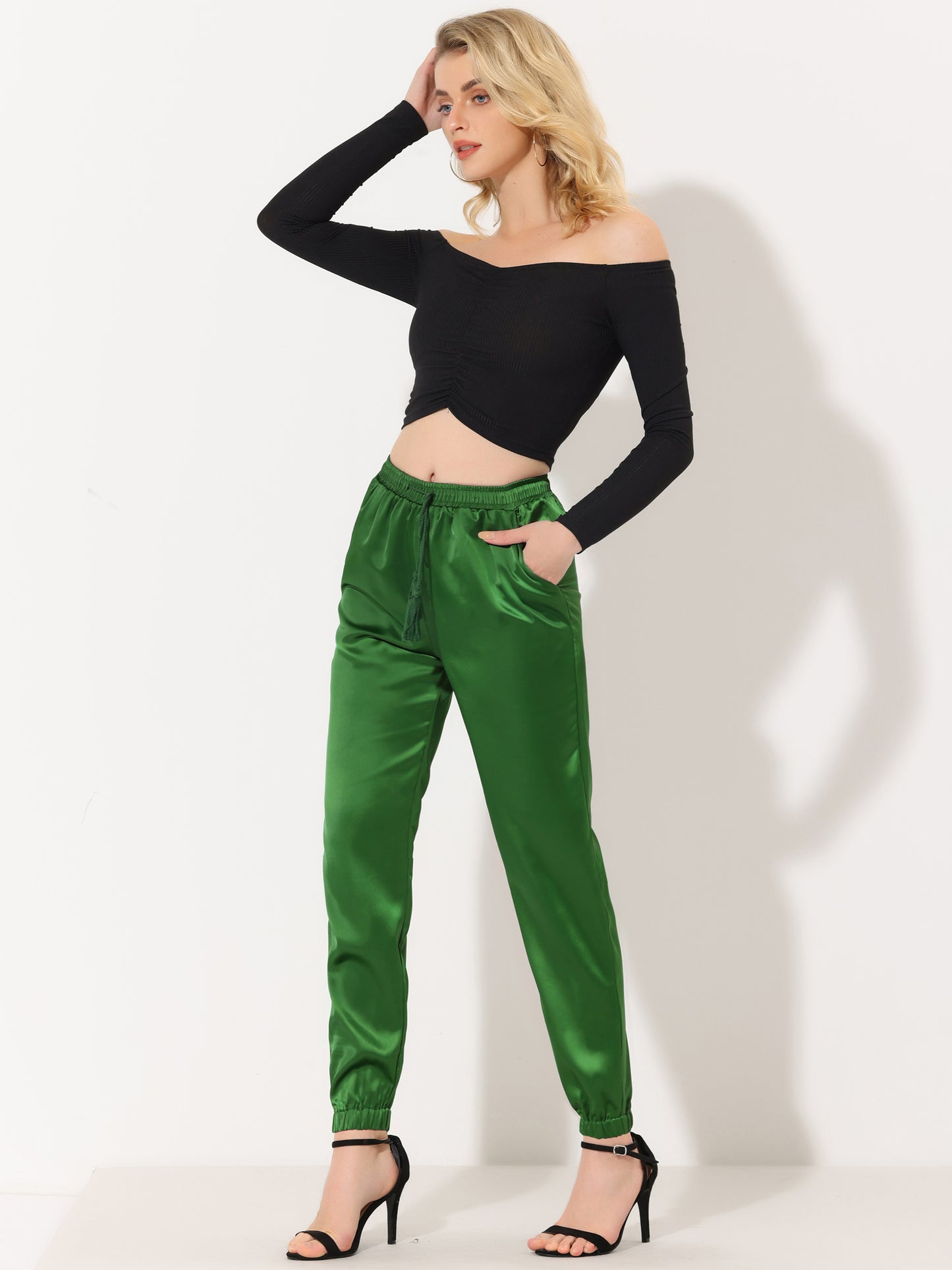 Women's Drawstring Elastic Waist Athleisure Pants Casual Ankle Length Satin Joggers with Pocket