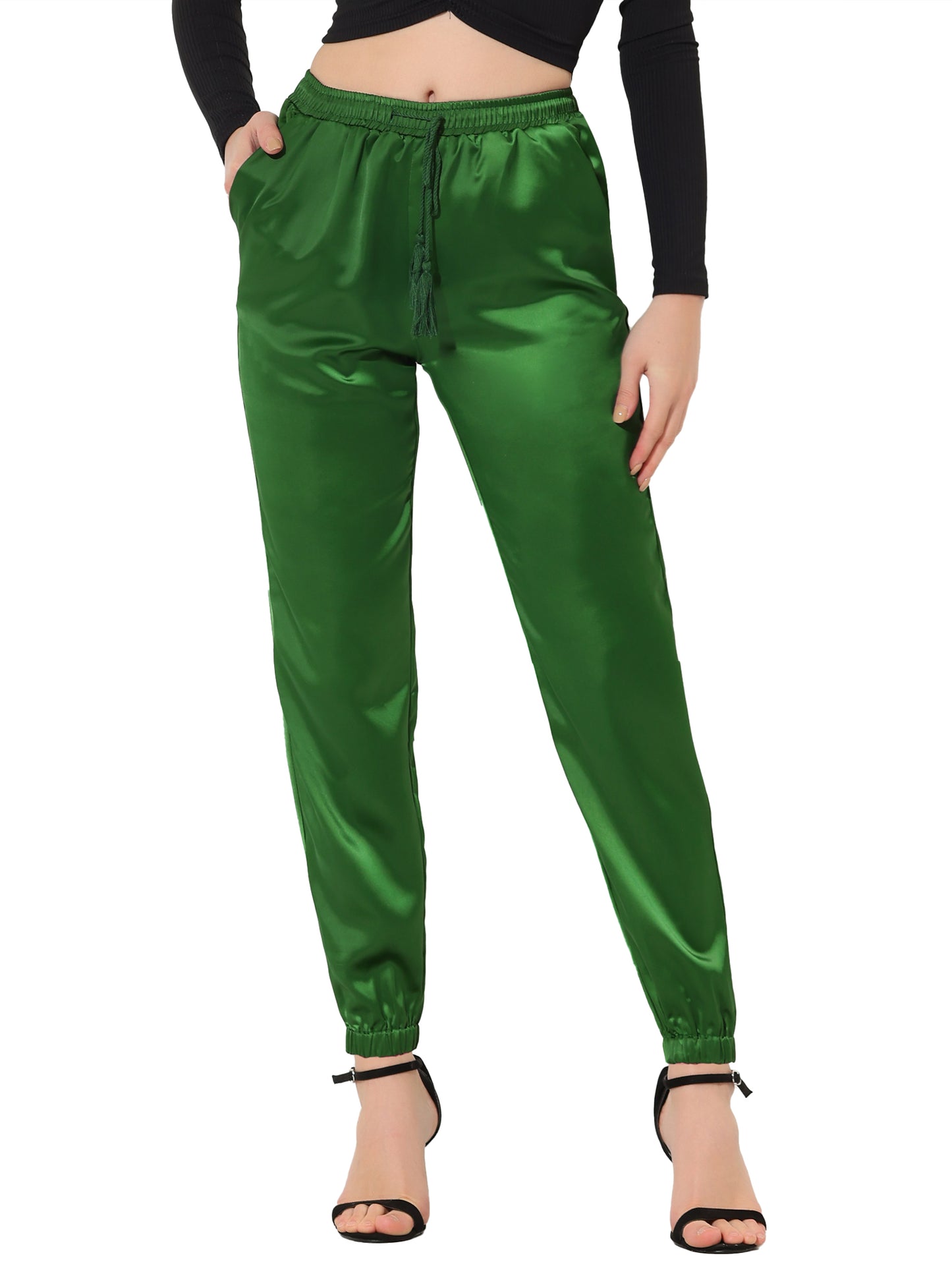 Women's Drawstring Elastic Waist Athleisure Pants Casual Ankle Length Satin Joggers with Pocket