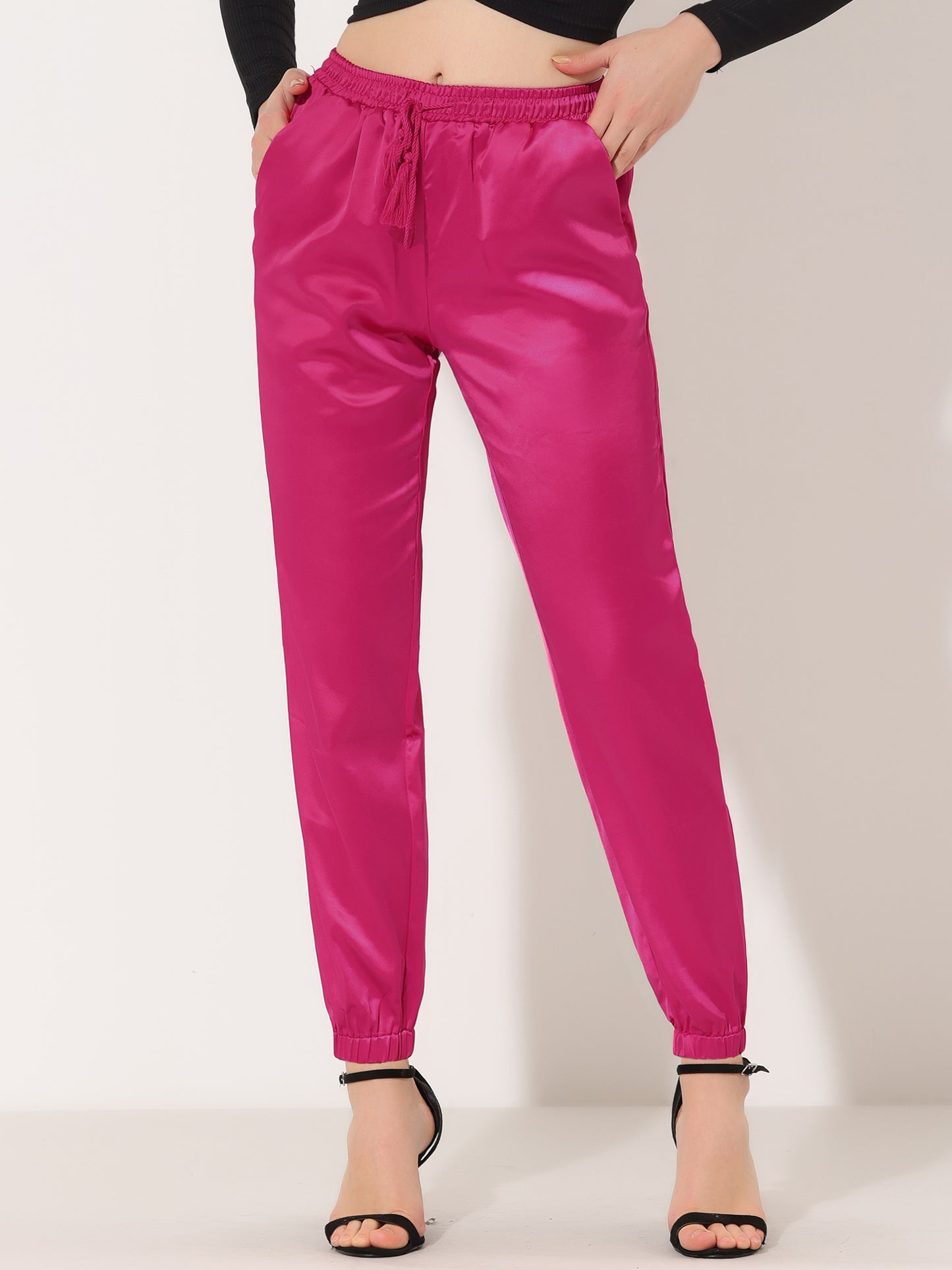 Women's Drawstring Elastic Waist Athleisure Pants Casual Ankle Length Satin Joggers with Pocket