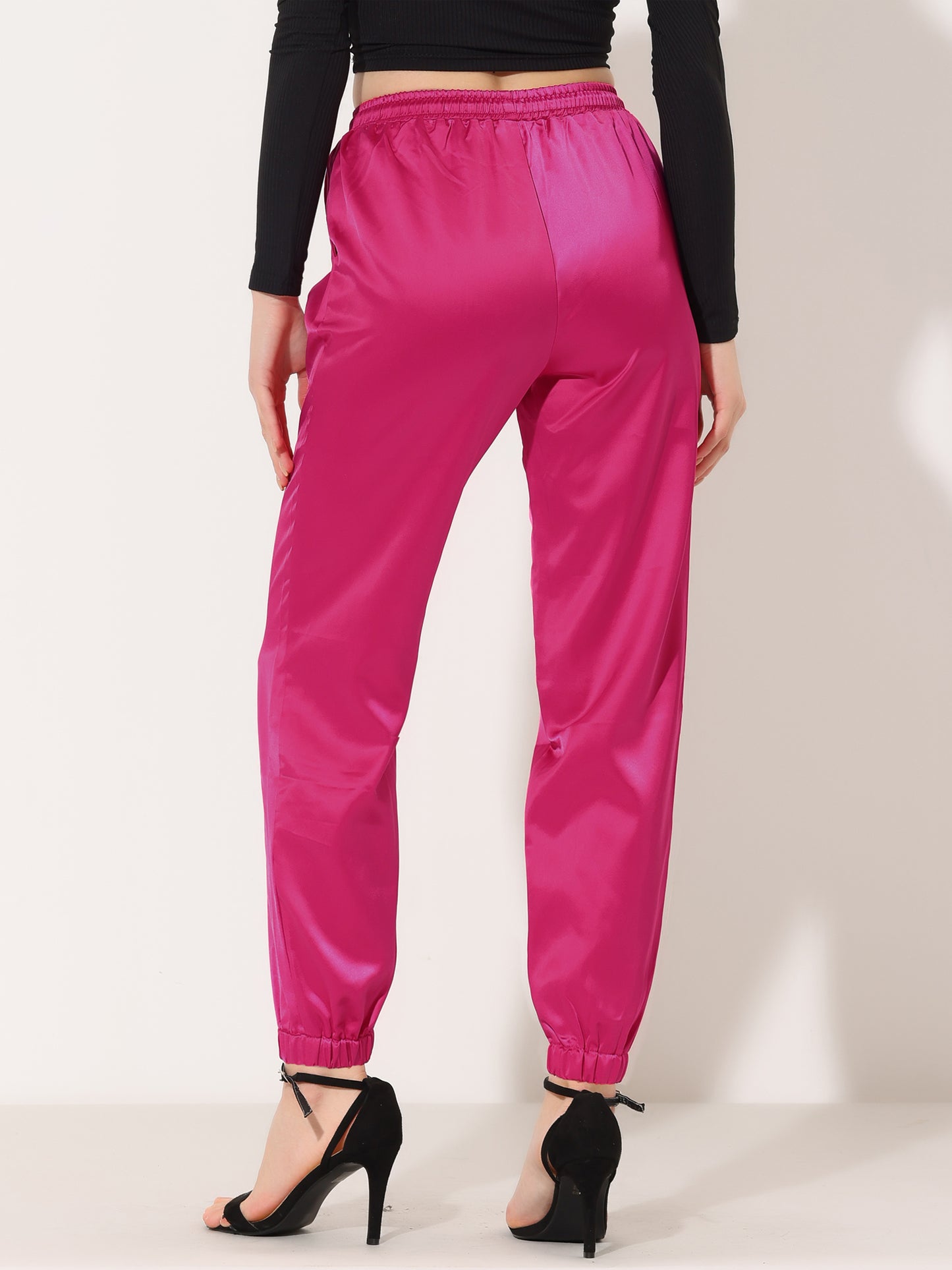 Women's Drawstring Elastic Waist Athleisure Pants Casual Ankle Length Satin Joggers with Pocket