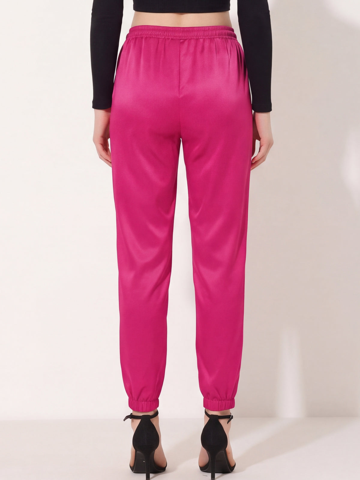 Women's Drawstring Elastic Waist Athleisure Pants Casual Ankle Length Satin Joggers with Pocket