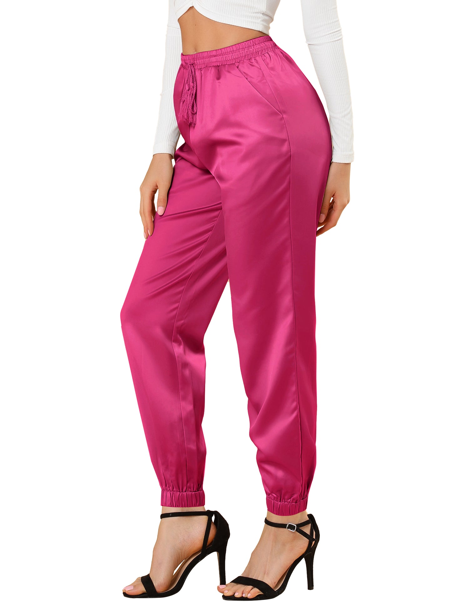 Women's Drawstring Elastic Waist Athleisure Pants Casual Ankle Length Satin Joggers with Pocket