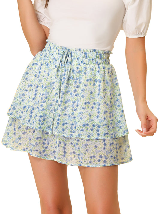 Women's Summer Floral Skirts Smocked Waist Ruffle Hem Layered Mini Chiffon Skirt