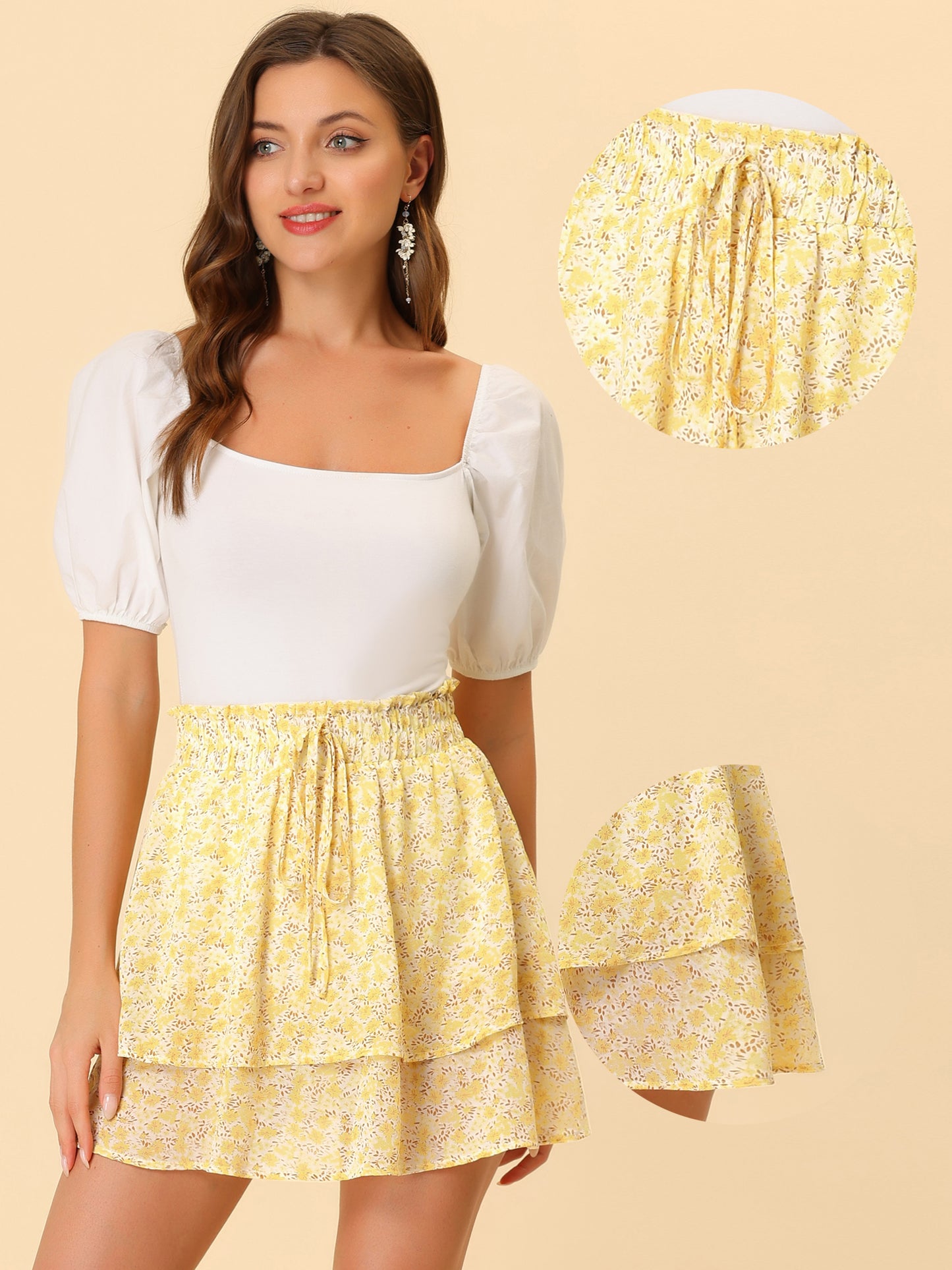 Faldas florales de verano para mujer, minifalda de gasa con capas y dobladillo fruncido con cintura fruncida