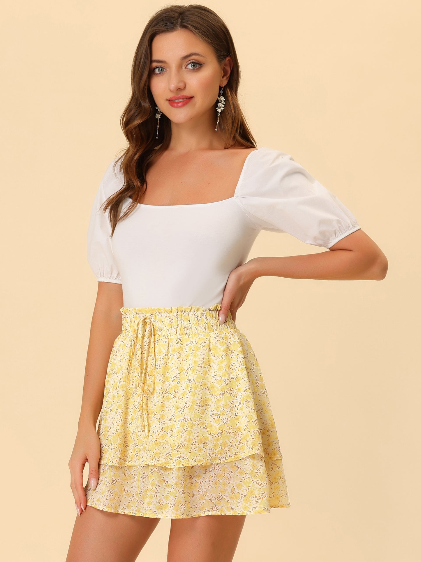 Faldas florales de verano para mujer, minifalda de gasa con capas y dobladillo fruncido con cintura fruncida