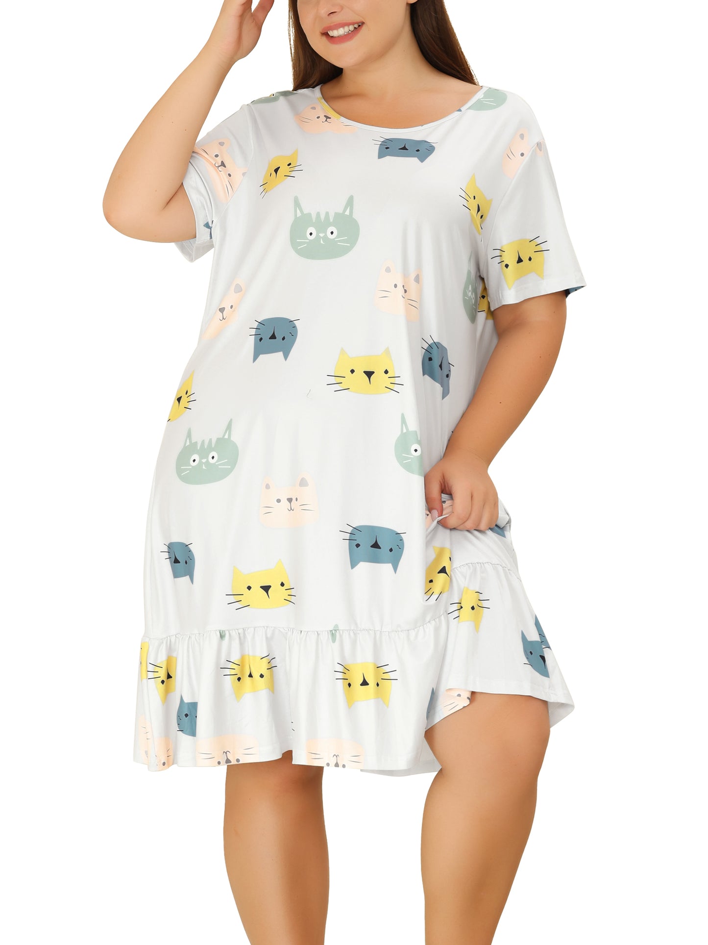 Women Plus Size Nightgowns Short Sleeve Sleepwear Cute Cat Midi Sleepdress Nightdress