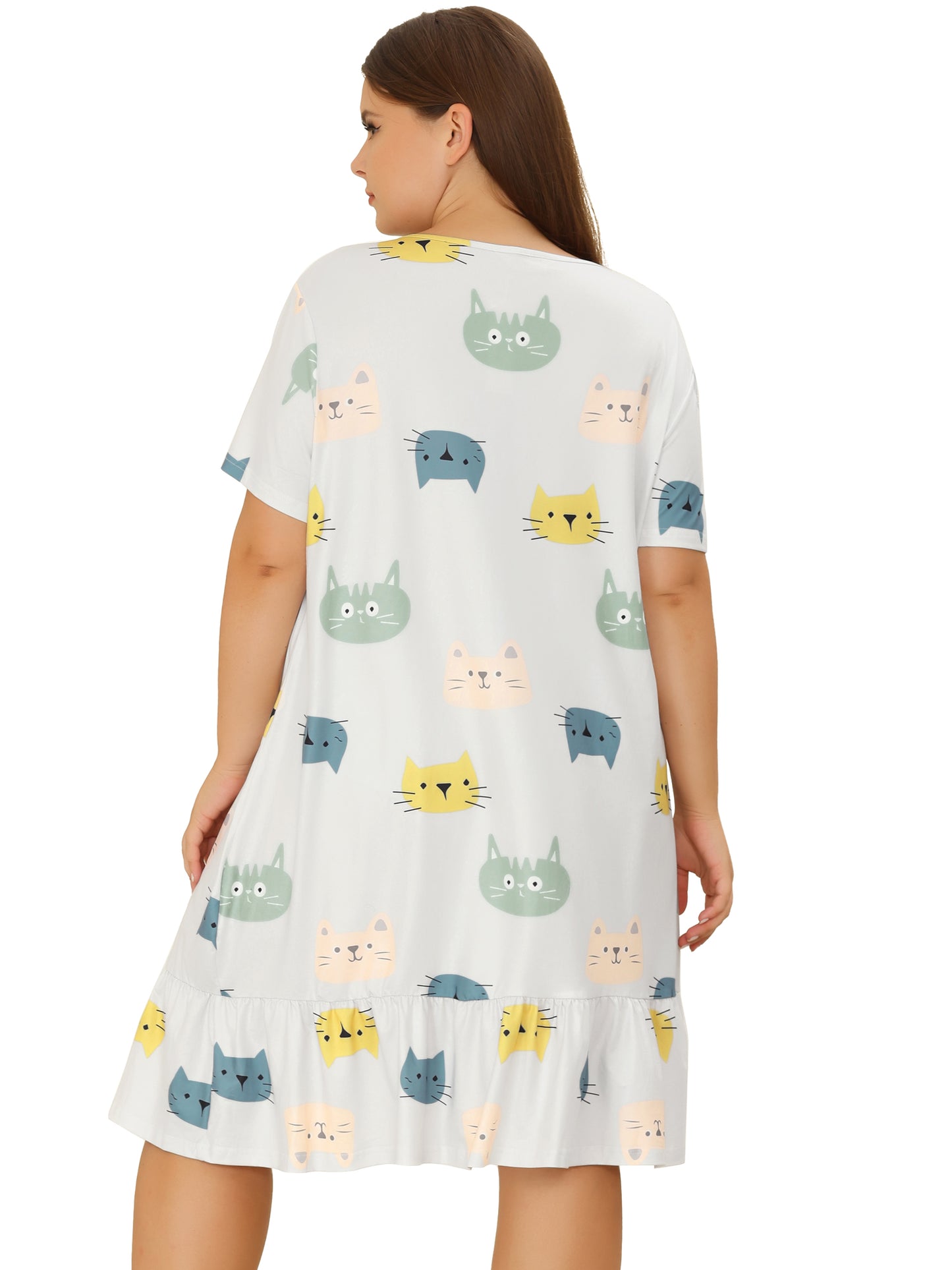Women Plus Size Nightgowns Short Sleeve Sleepwear Cute Cat Midi Sleepdress Nightdress