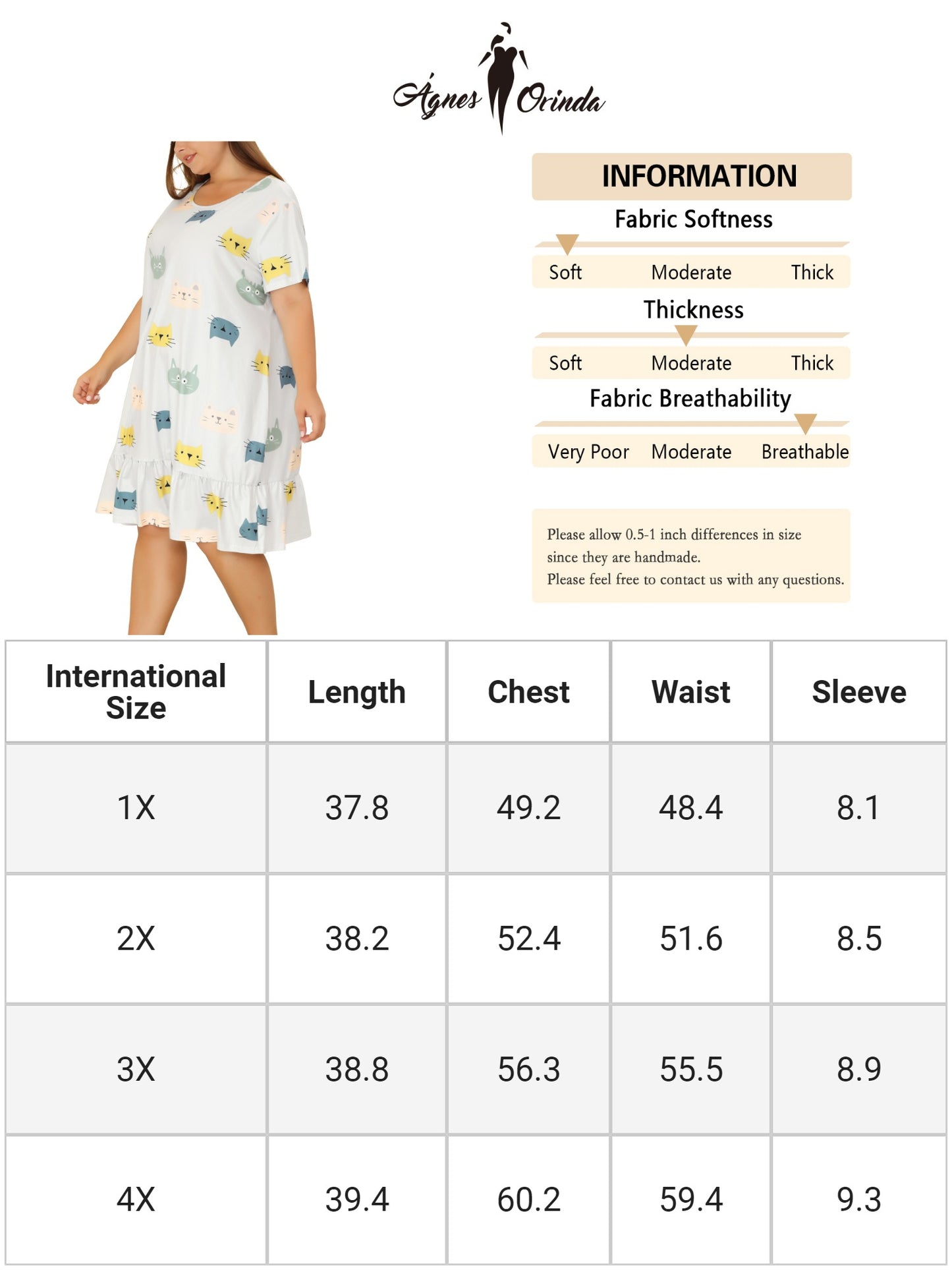 Women Plus Size Nightgowns Short Sleeve Sleepwear Cute Cat Midi Sleepdress Nightdress