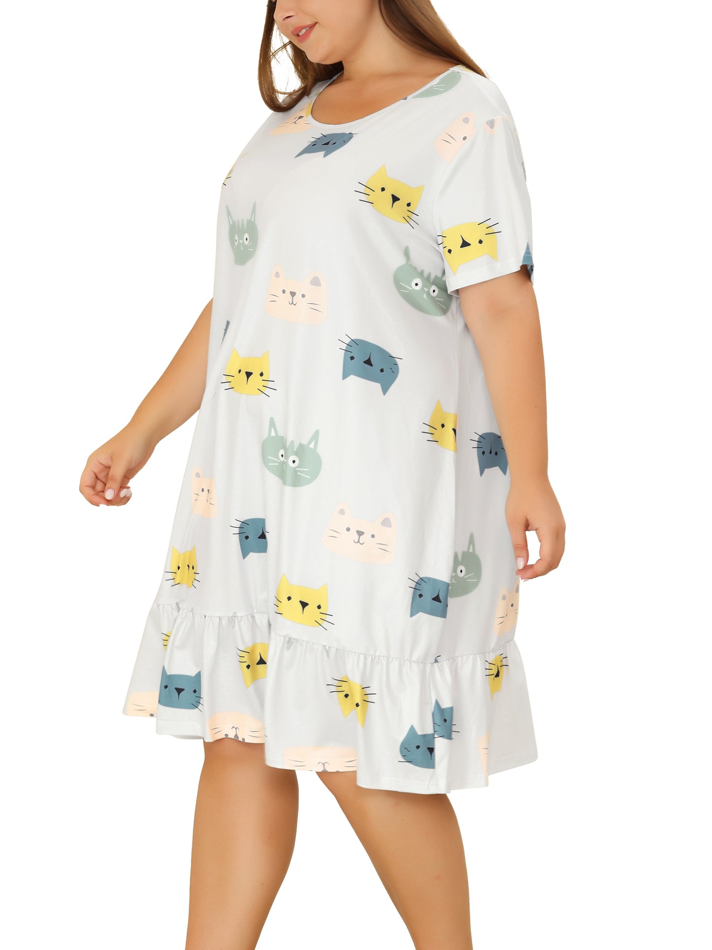 Women Plus Size Nightgowns Short Sleeve Sleepwear Cute Cat Midi Sleepdress Nightdress