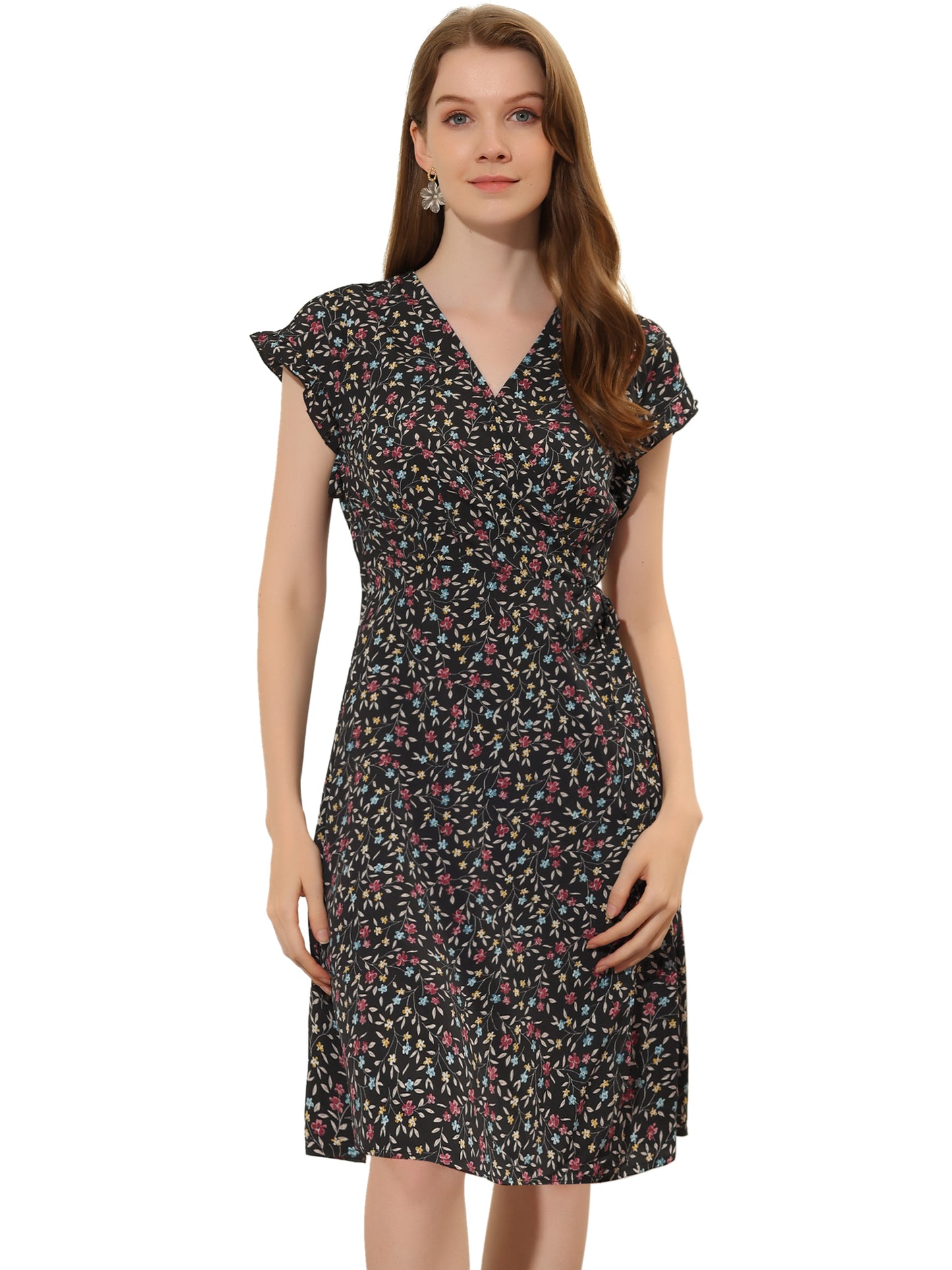 Women's Ditsy Floral Print V Neck Ruffle Flutter Sleeve Belted Midi Wrap Dress