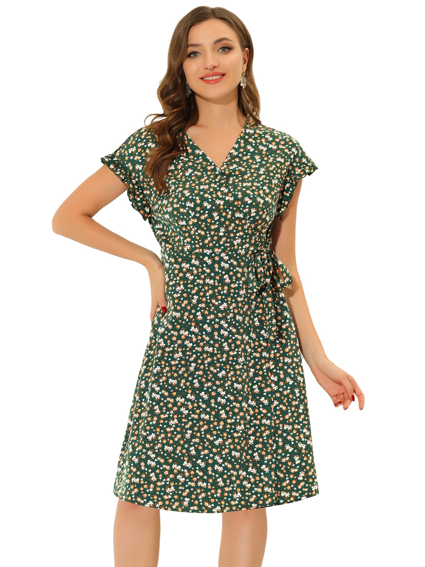Women's Ditsy Floral Print V Neck Ruffle Flutter Sleeve Belted Midi Wrap Dress
