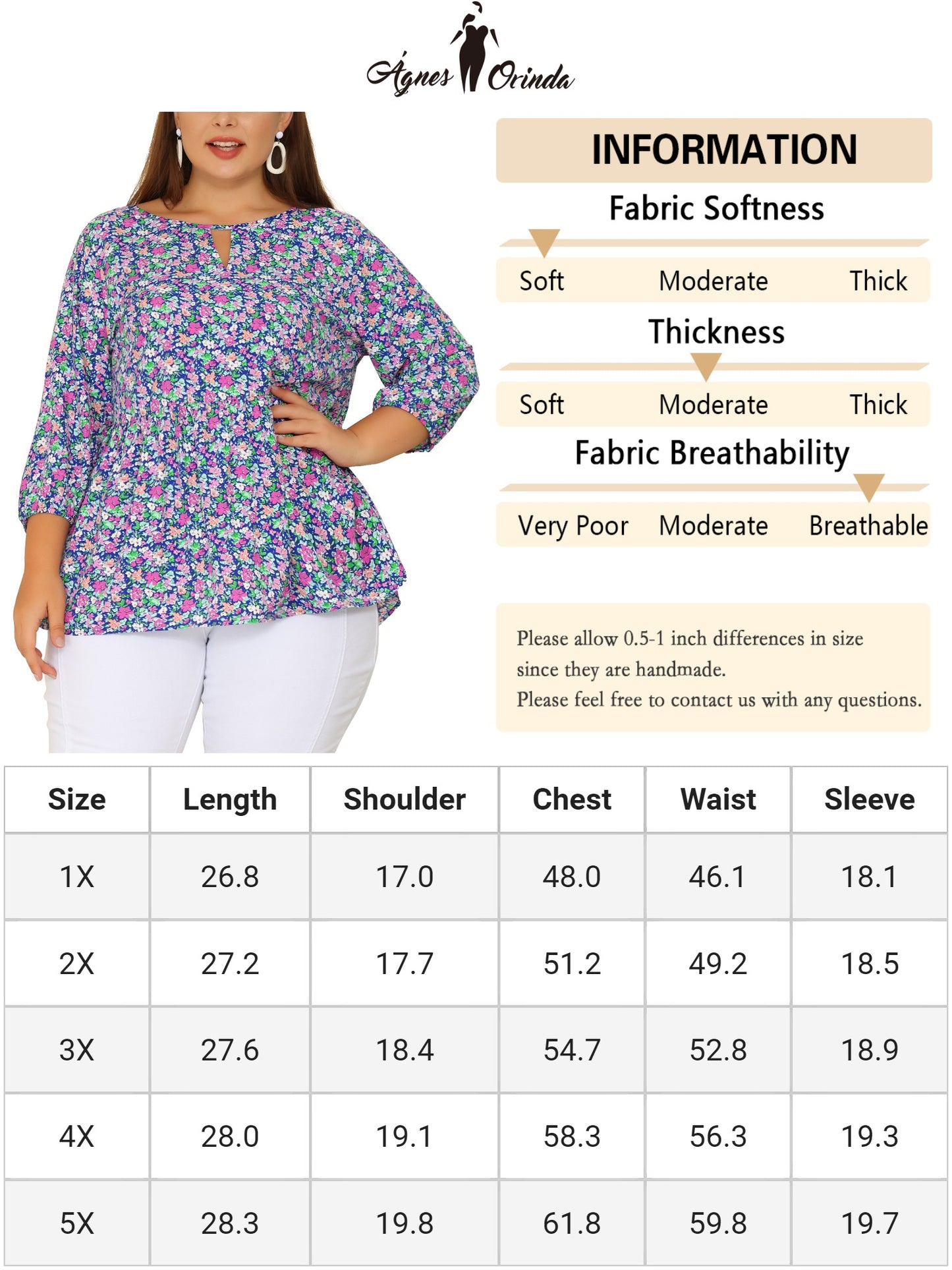 Women's Plus Size 3/4 Sleeves Babydoll Chiffon Keyhole Floral Flowy Blouse