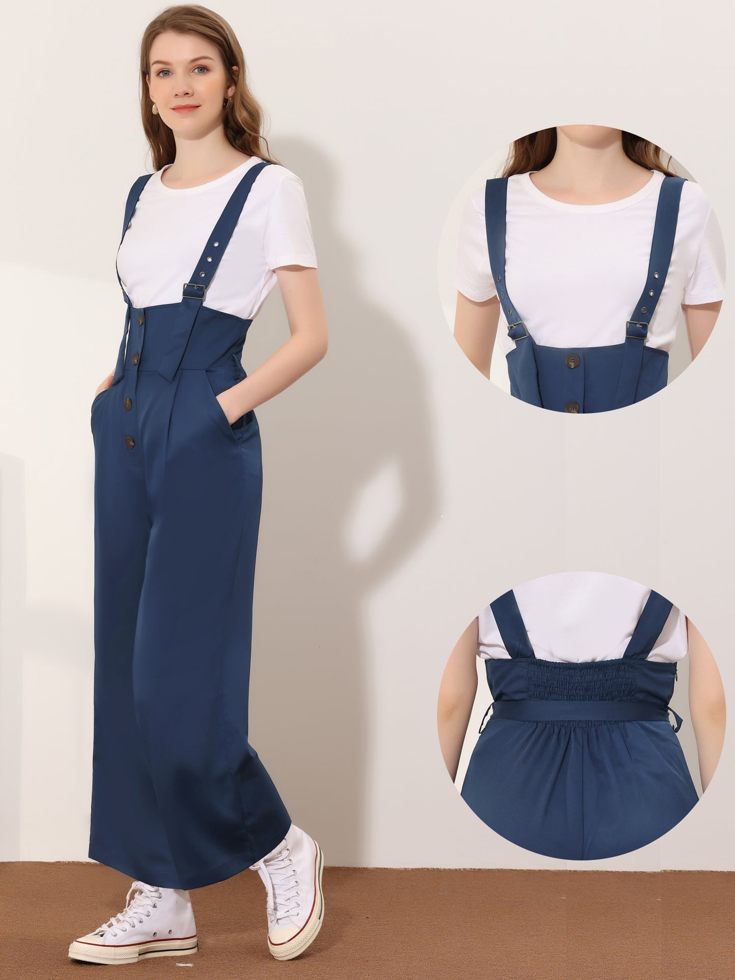 Women's Wide Leg Overalls Loose Fit Belted High Waist Suspenders Jumpsuits