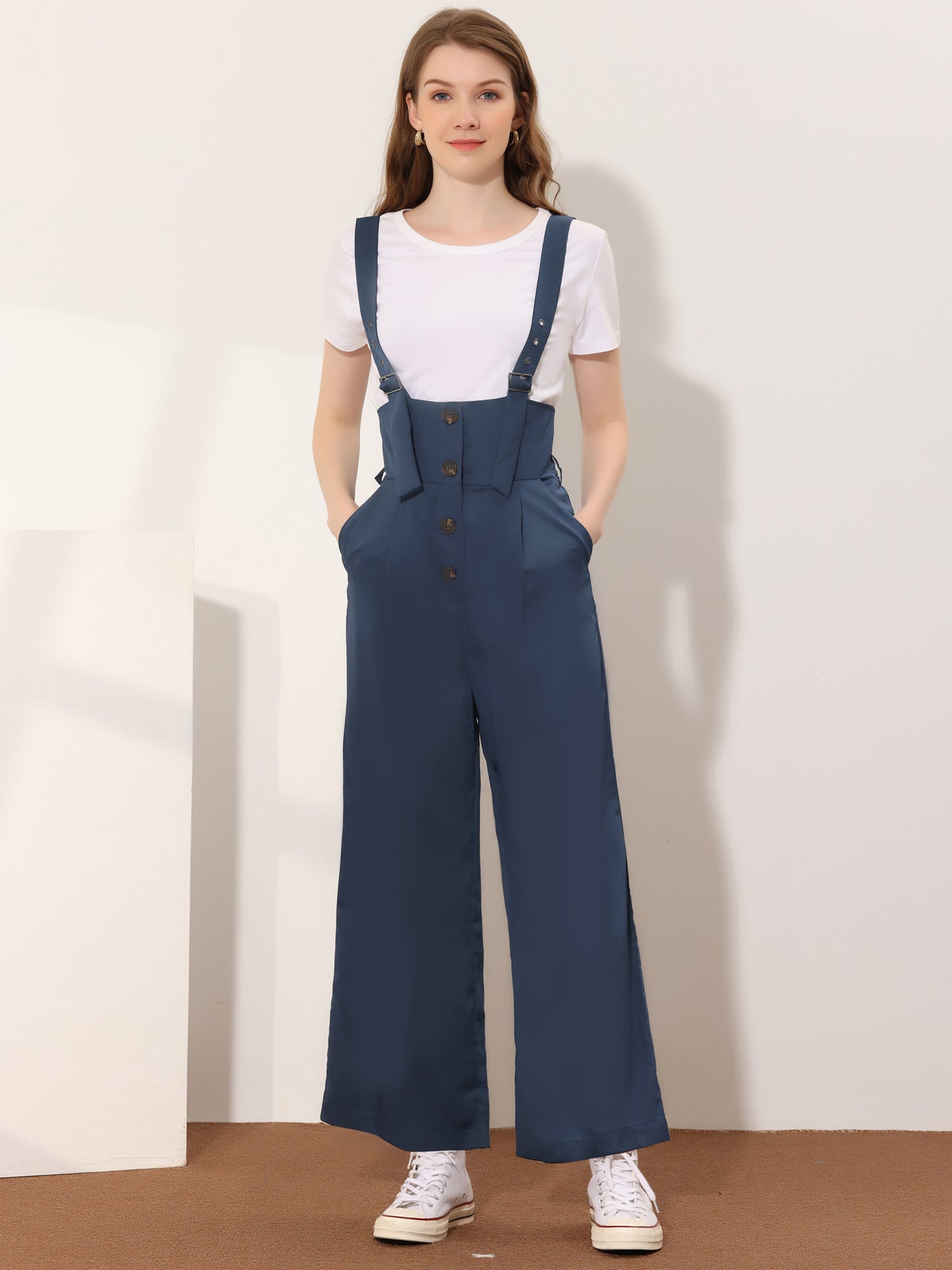 Women's Wide Leg Overalls Loose Fit Belted High Waist Suspenders Jumpsuits