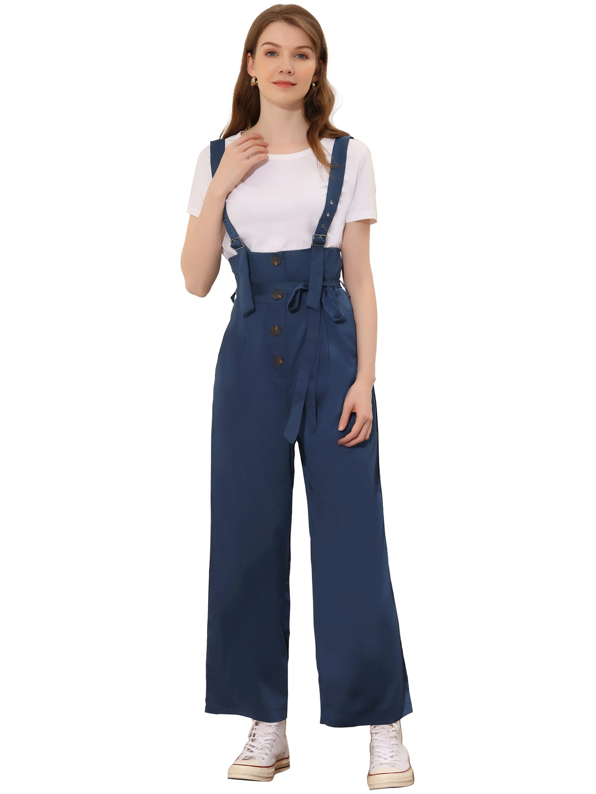 Women's Wide Leg Overalls Loose Fit Belted High Waist Suspenders Jumpsuits
