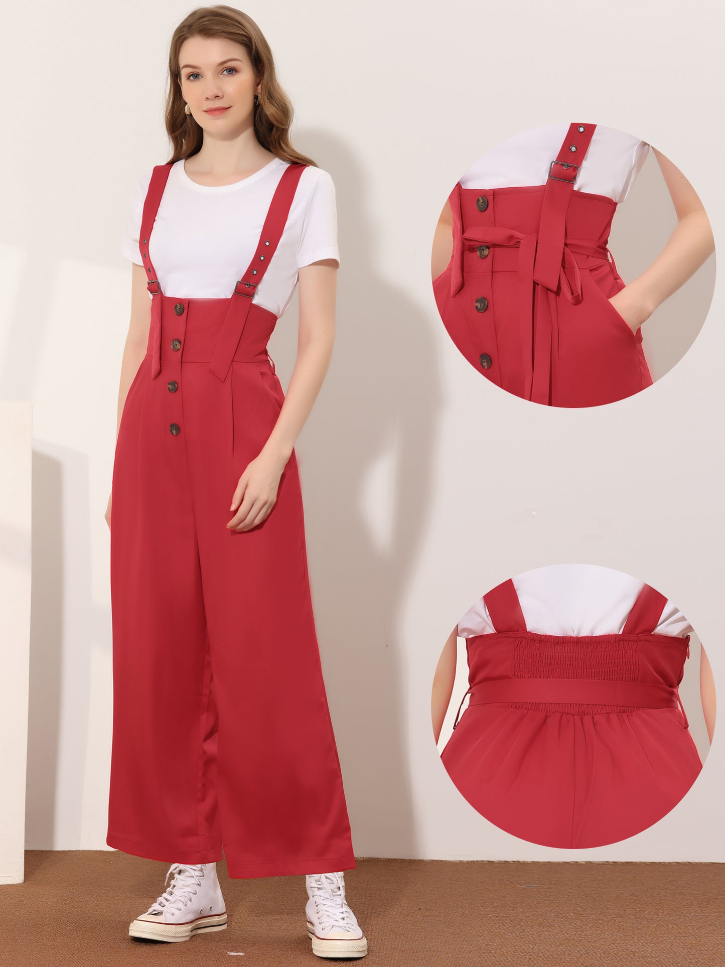 Women's Wide Leg Overalls Loose Fit Belted High Waist Suspenders Jumpsuits