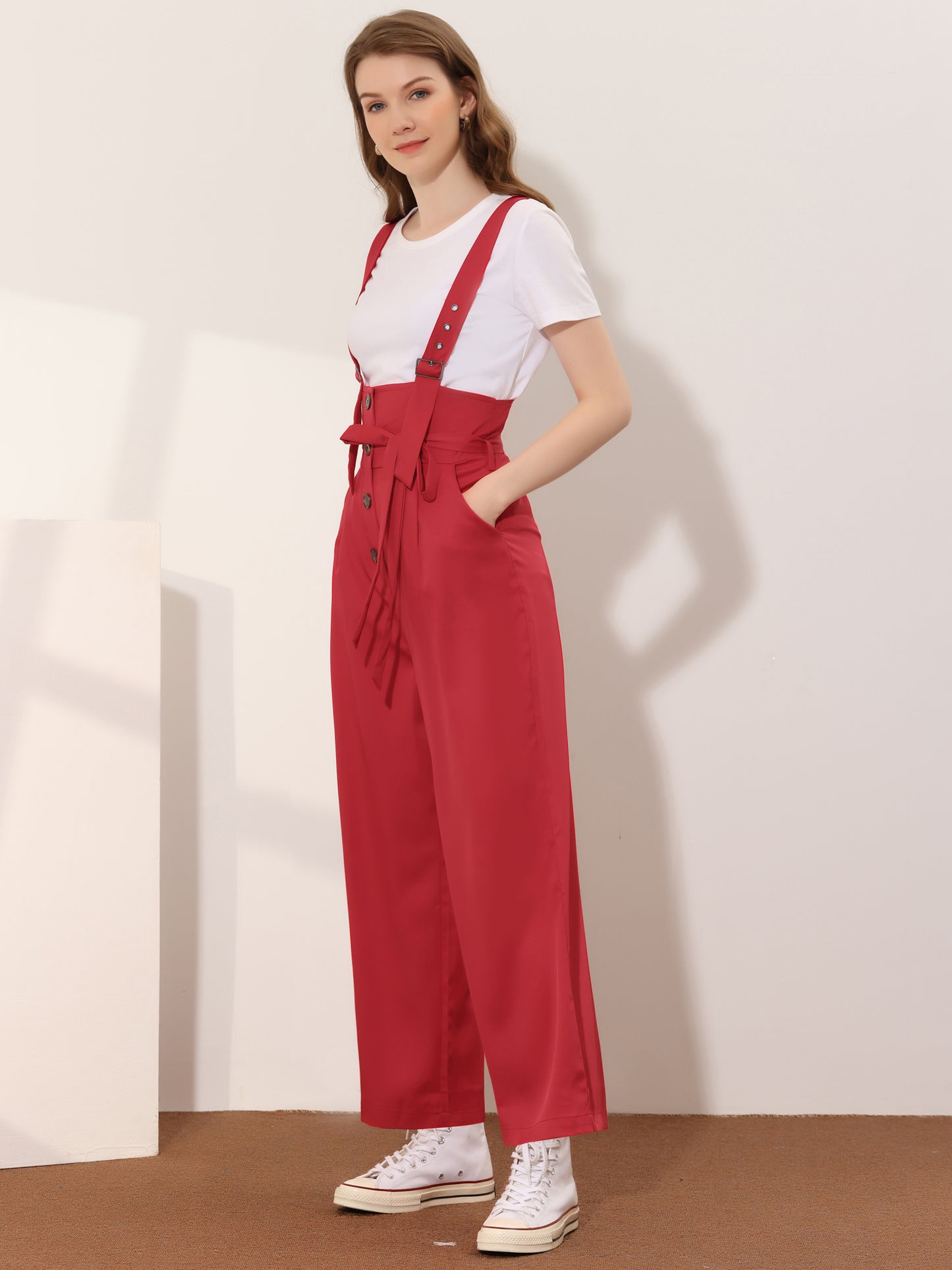 Women's Wide Leg Overalls Loose Fit Belted High Waist Suspenders Jumpsuits