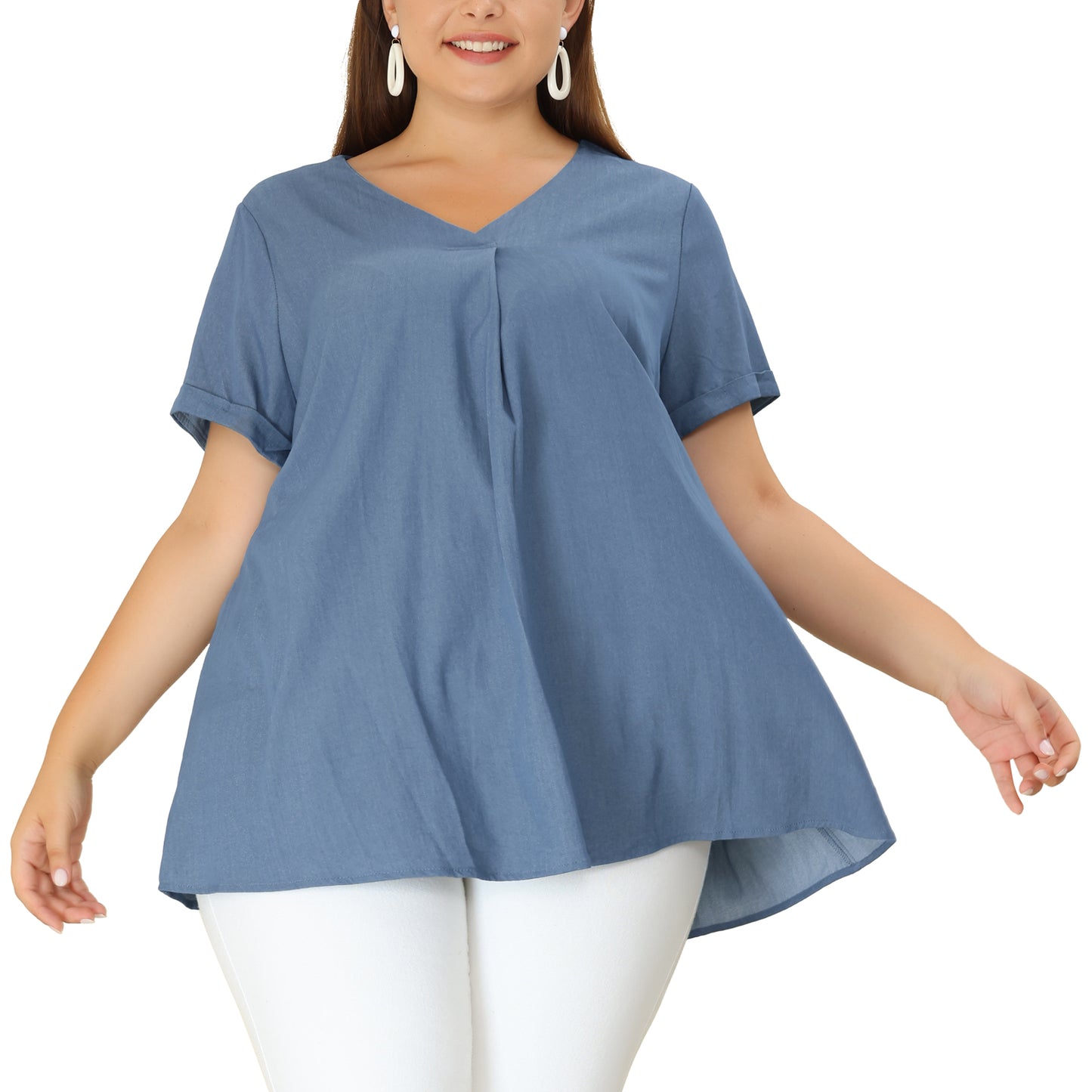 Women Plus Size Blouse Chambray Pleat Front V Neck Short Sleeve Work Shirt