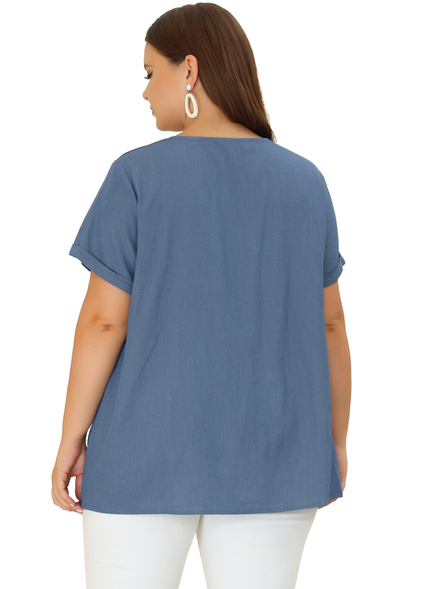 Women Plus Size Blouse Chambray Pleat Front V Neck Short Sleeve Work Shirt