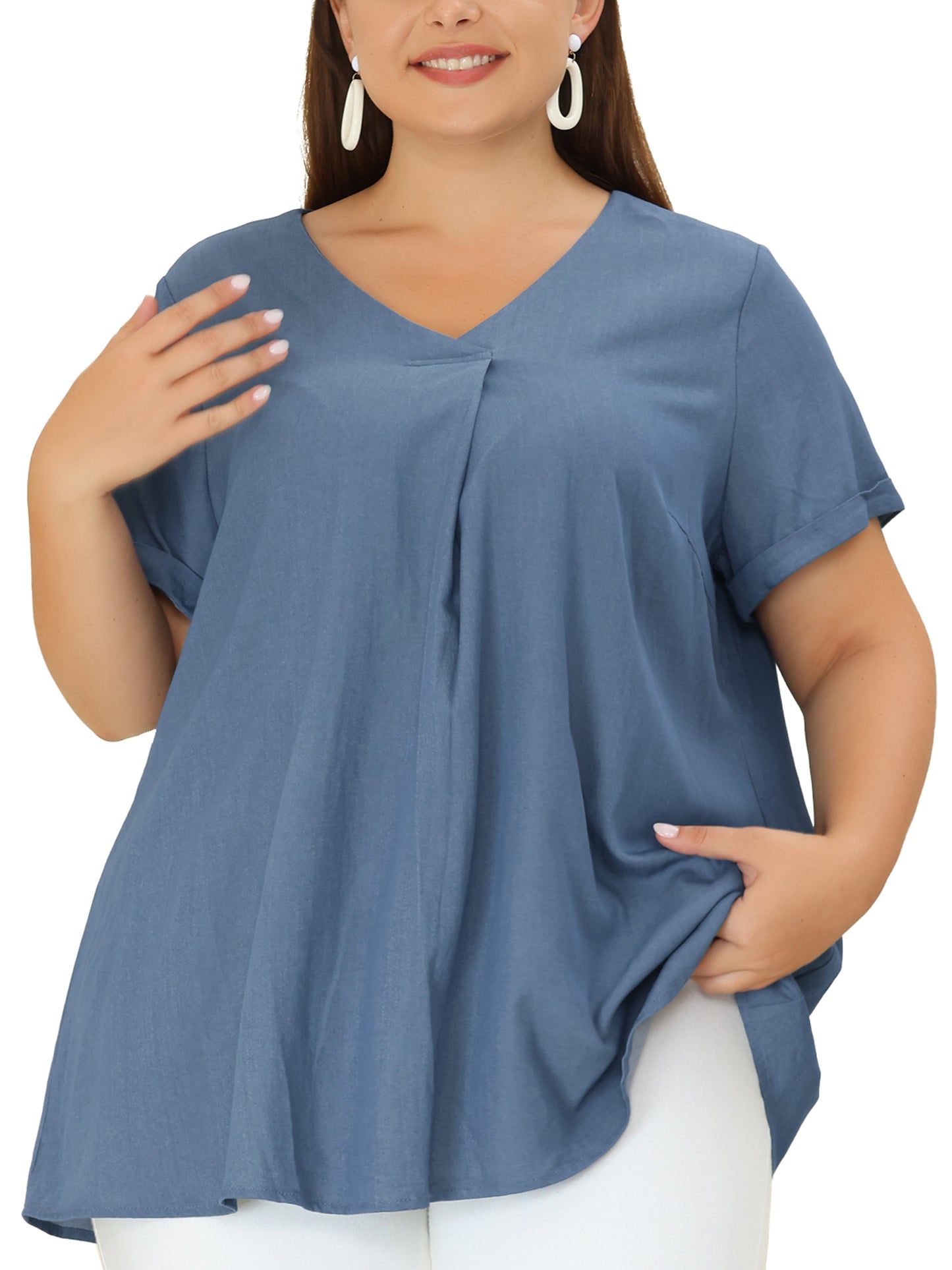 Women Plus Size Blouse Chambray Pleat Front V Neck Short Sleeve Work Shirt