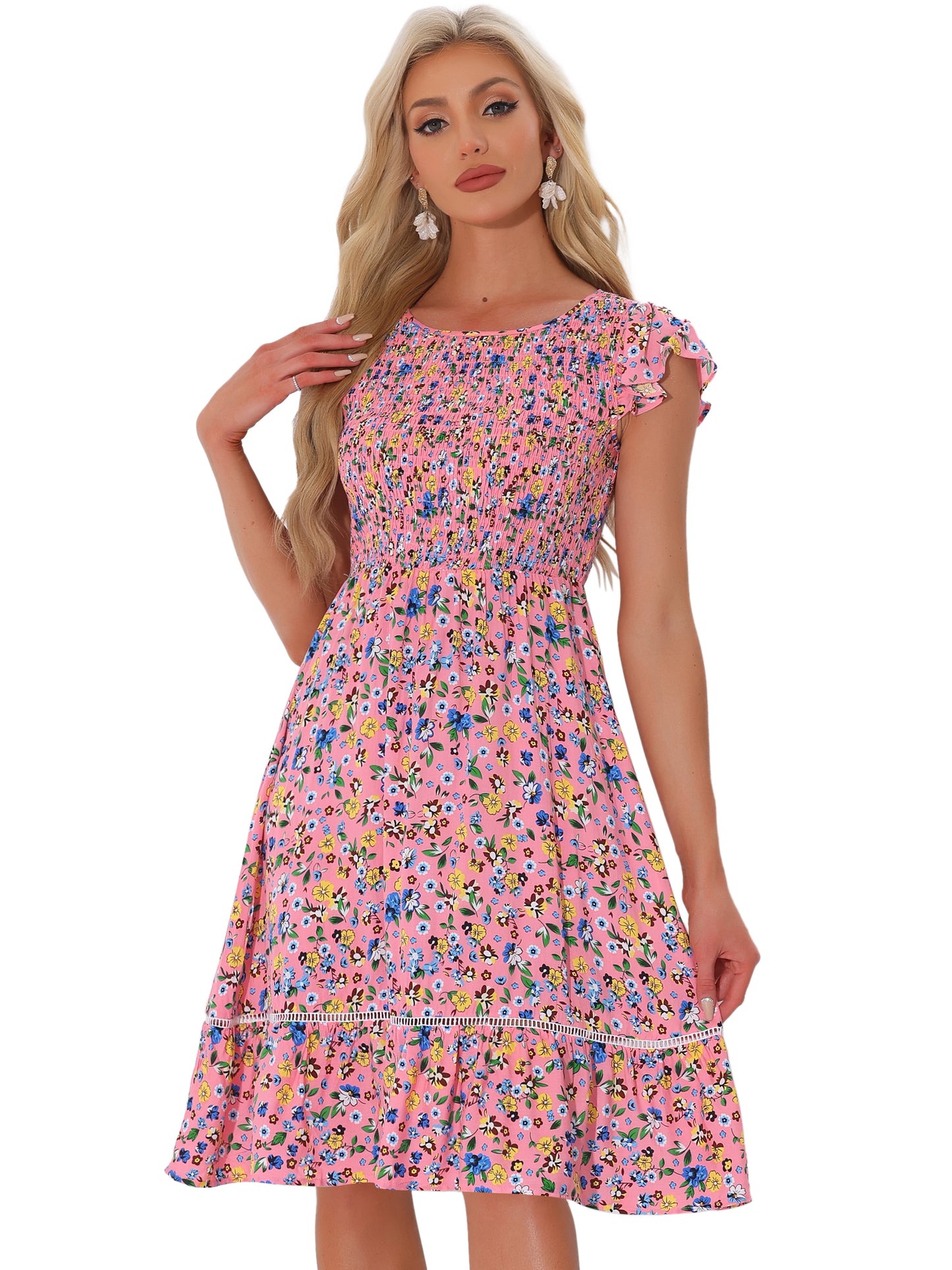 Women's Smocked Floral Fit and Flare Midi Dress