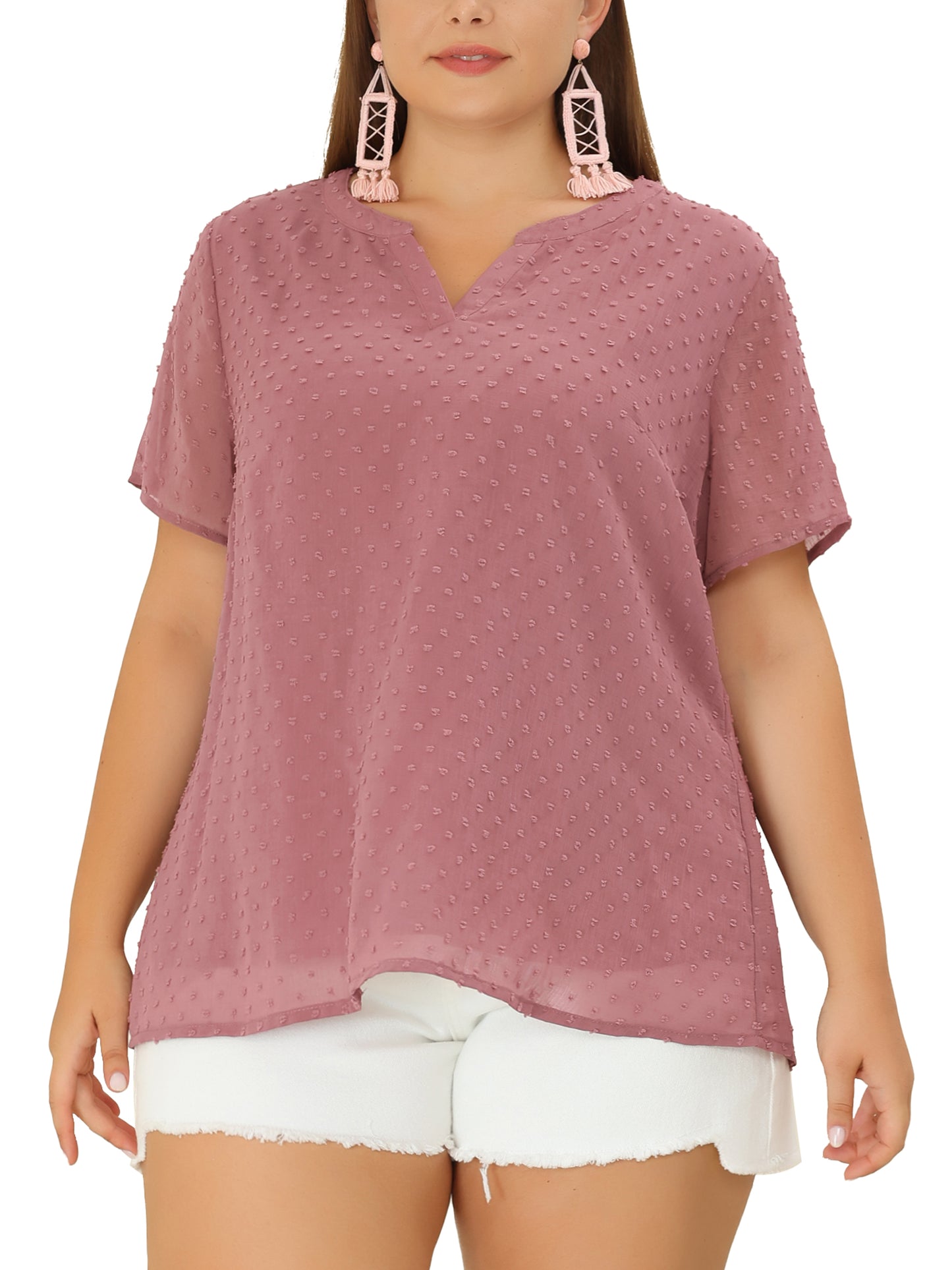 Women Plus Size Summer Top Swiss Dots Notched Neck Short Sleeve Blouse