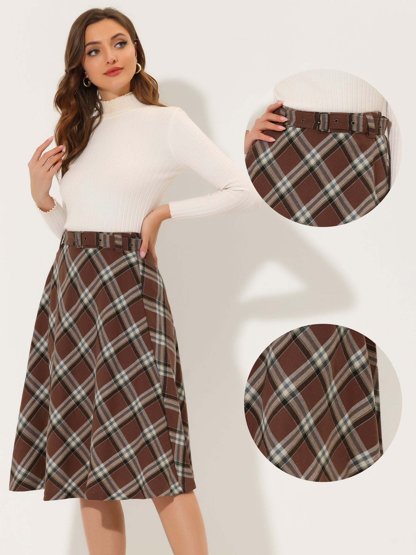 Falda midi vintage de corte A con cintura alta y cinturón para mujer con cuadros escoceses