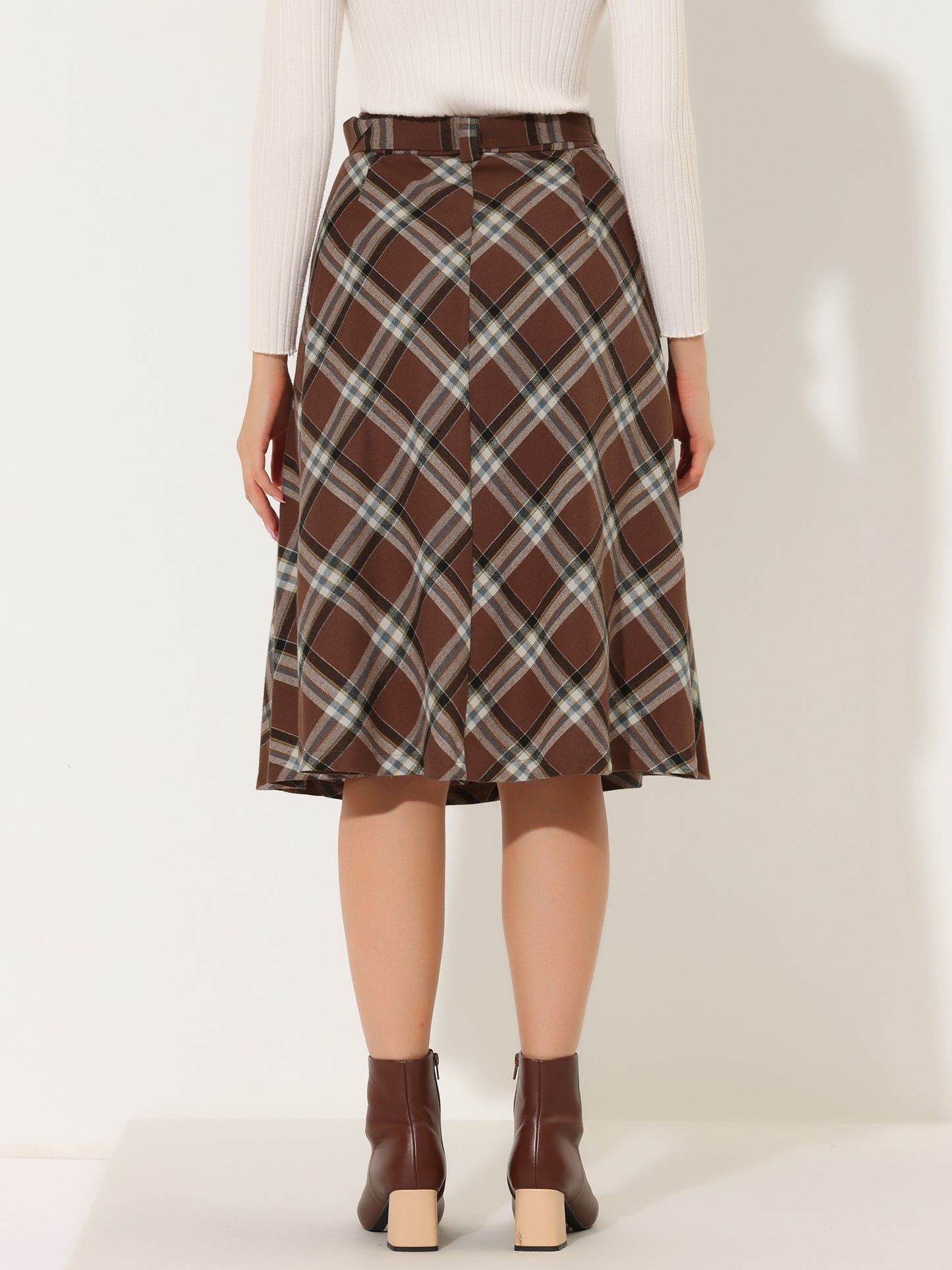 Falda midi vintage de corte A con cintura alta y cinturón para mujer con cuadros escoceses