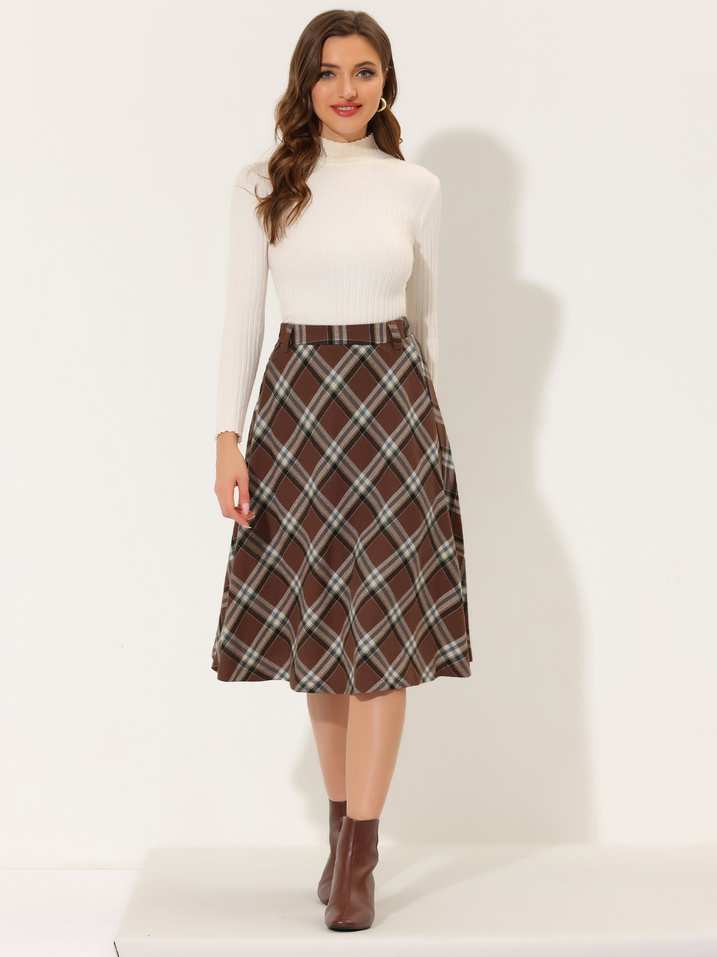 Falda midi vintage de corte A con cintura alta y cinturón para mujer con cuadros escoceses