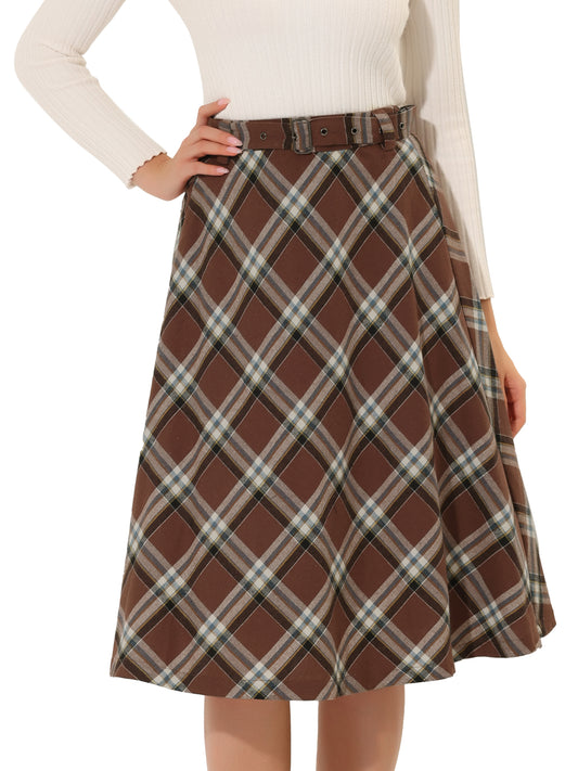 Women's Tartan Plaid High Waist Belted Vintage A-Line Midi Skirt