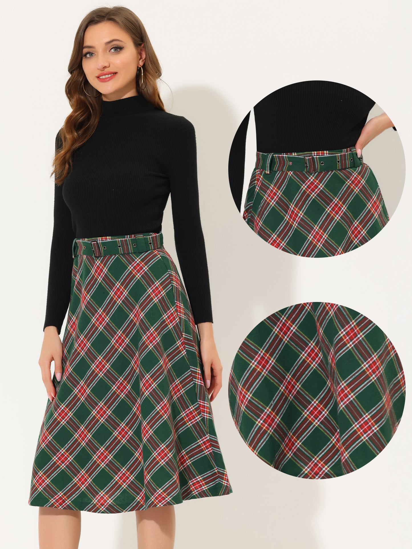 Women's Tartan Plaid High Waist Belted Vintage A-Line Midi Skirt