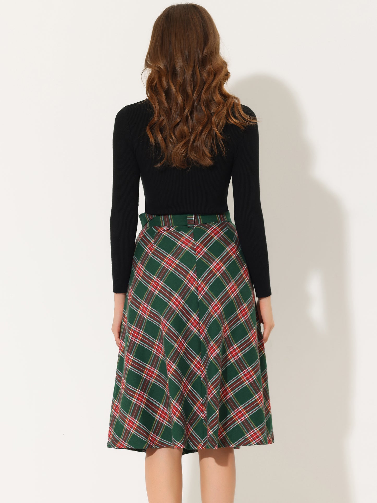 Women's Tartan Plaid High Waist Belted Vintage A-Line Midi Skirt
