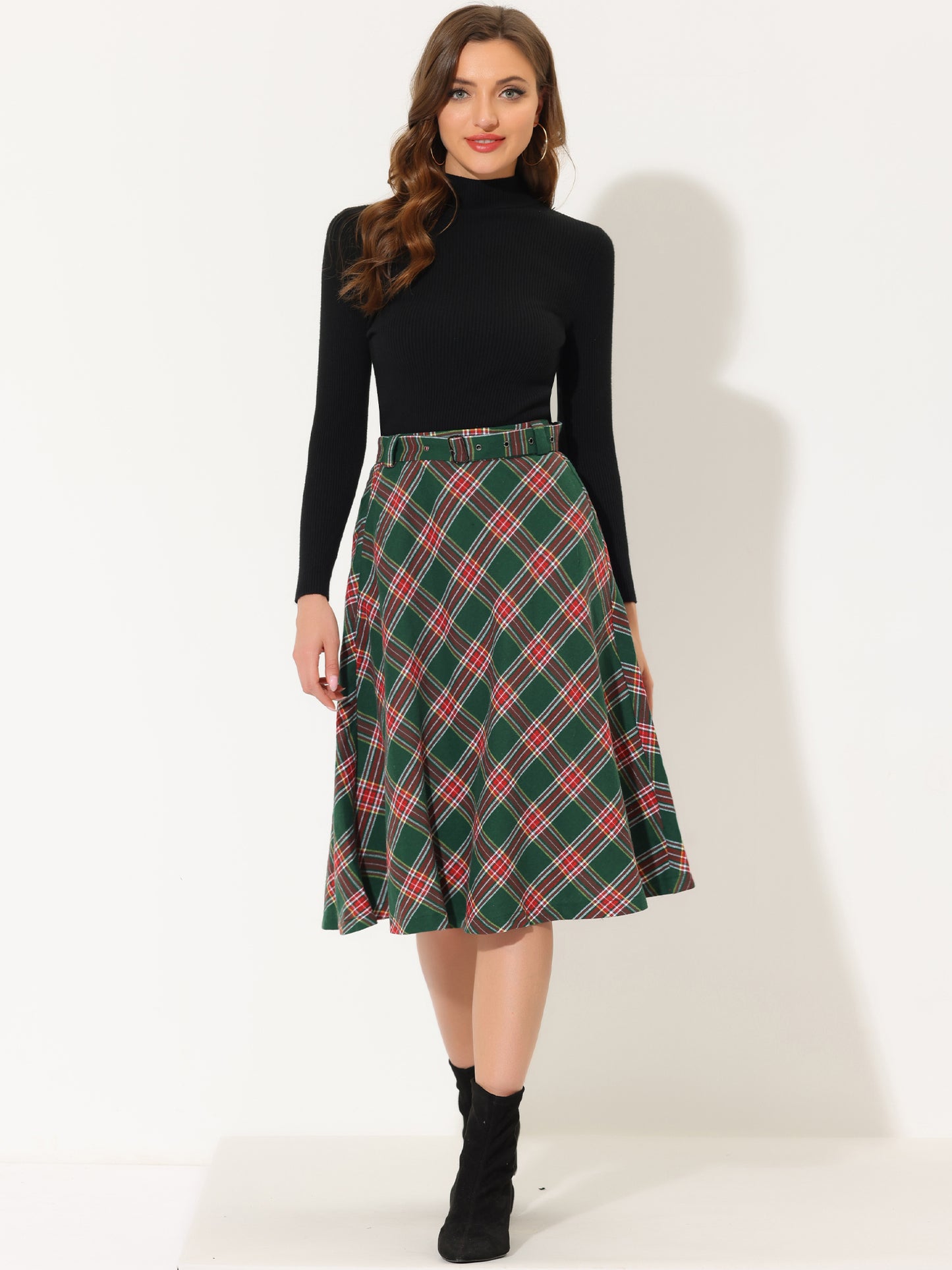 Women's Tartan Plaid High Waist Belted Vintage A-Line Midi Skirt