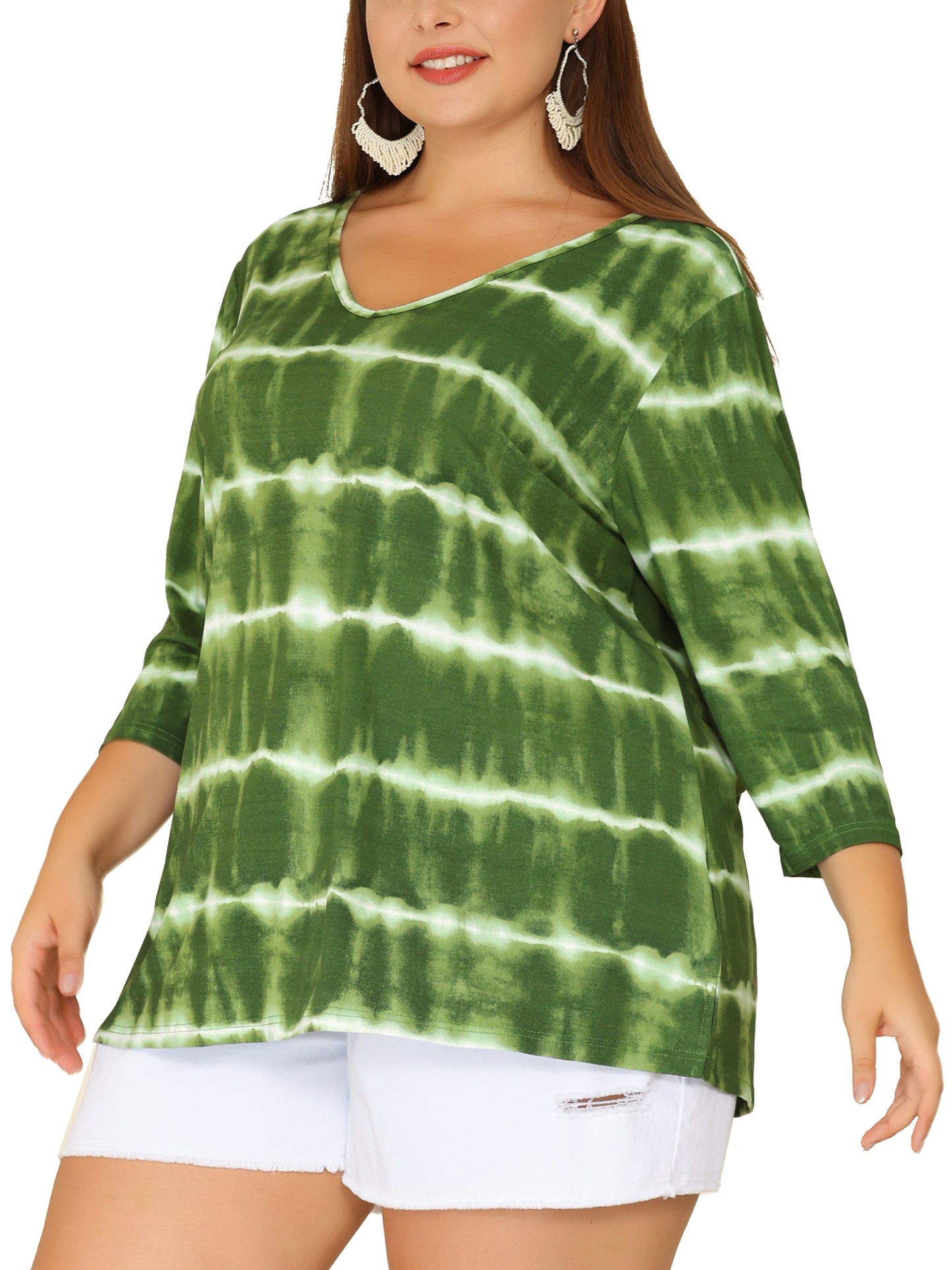Women Plus Size T Shirt V Neck 3/4 Sleeve Loose Casual Blouse Striped Tie Dye Print