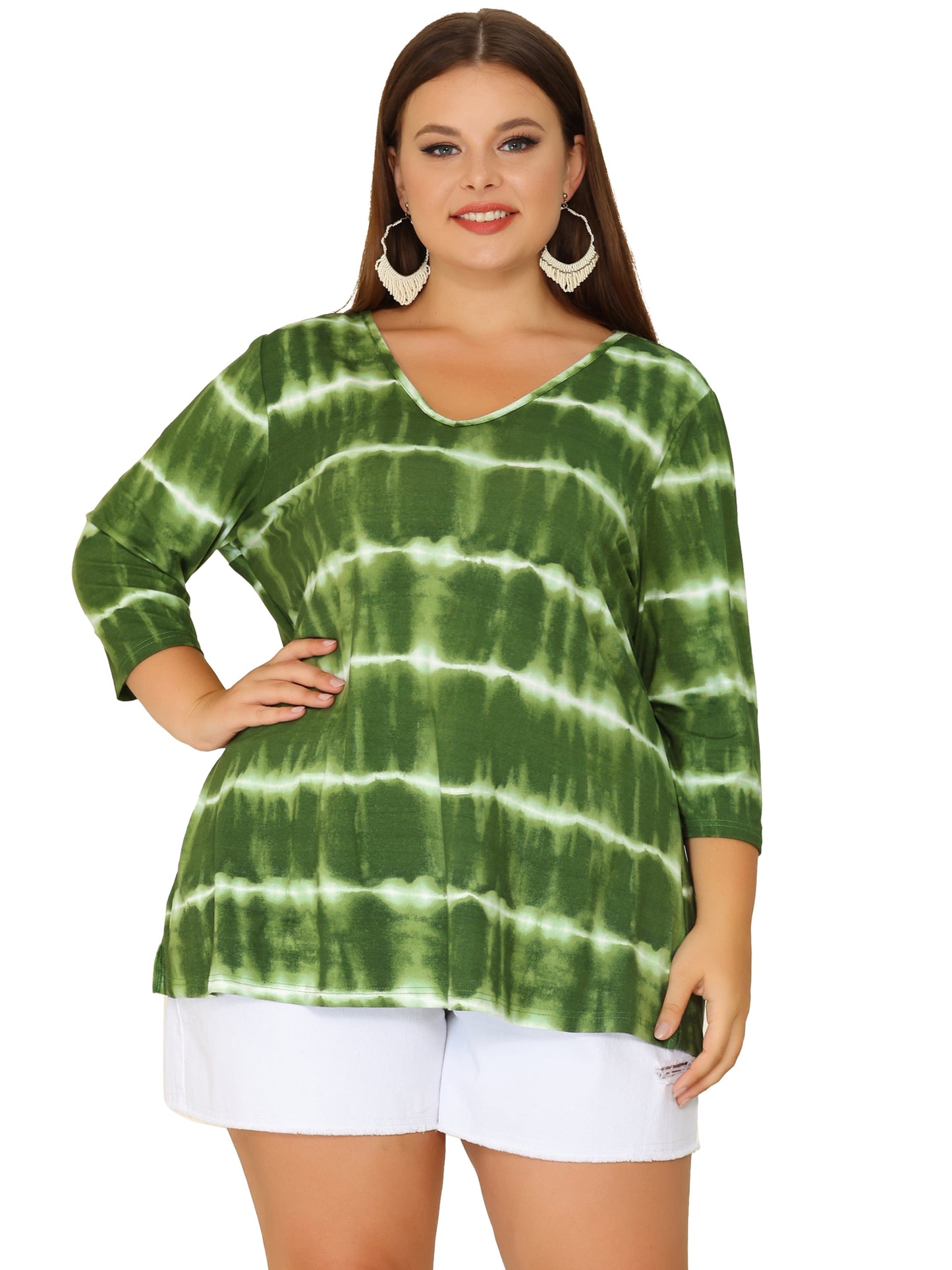 Women Plus Size T Shirt V Neck 3/4 Sleeve Loose Casual Blouse Striped Tie Dye Print
