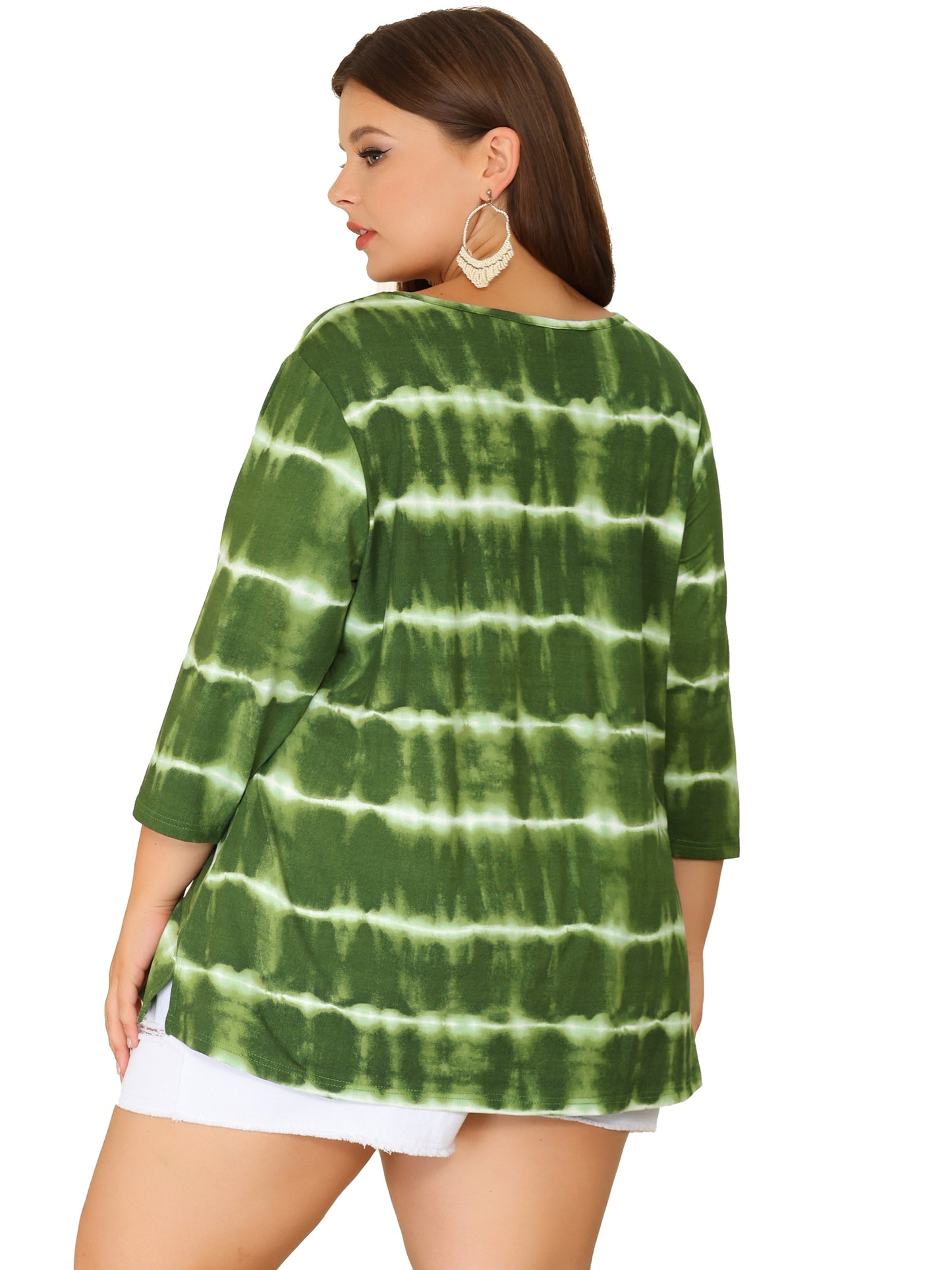 Women Plus Size T Shirt V Neck 3/4 Sleeve Loose Casual Blouse Striped Tie Dye Print