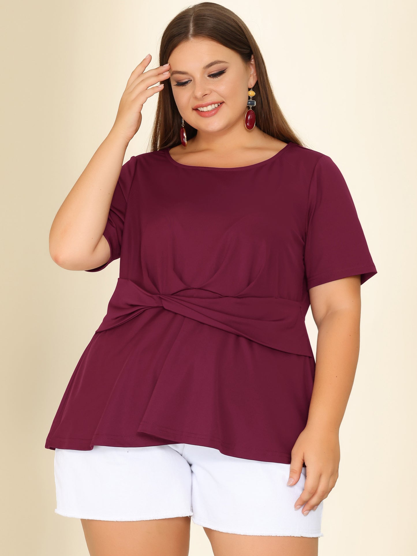 Women's Plus Size Short Sleeves Twisted Knot Front Peplum Top