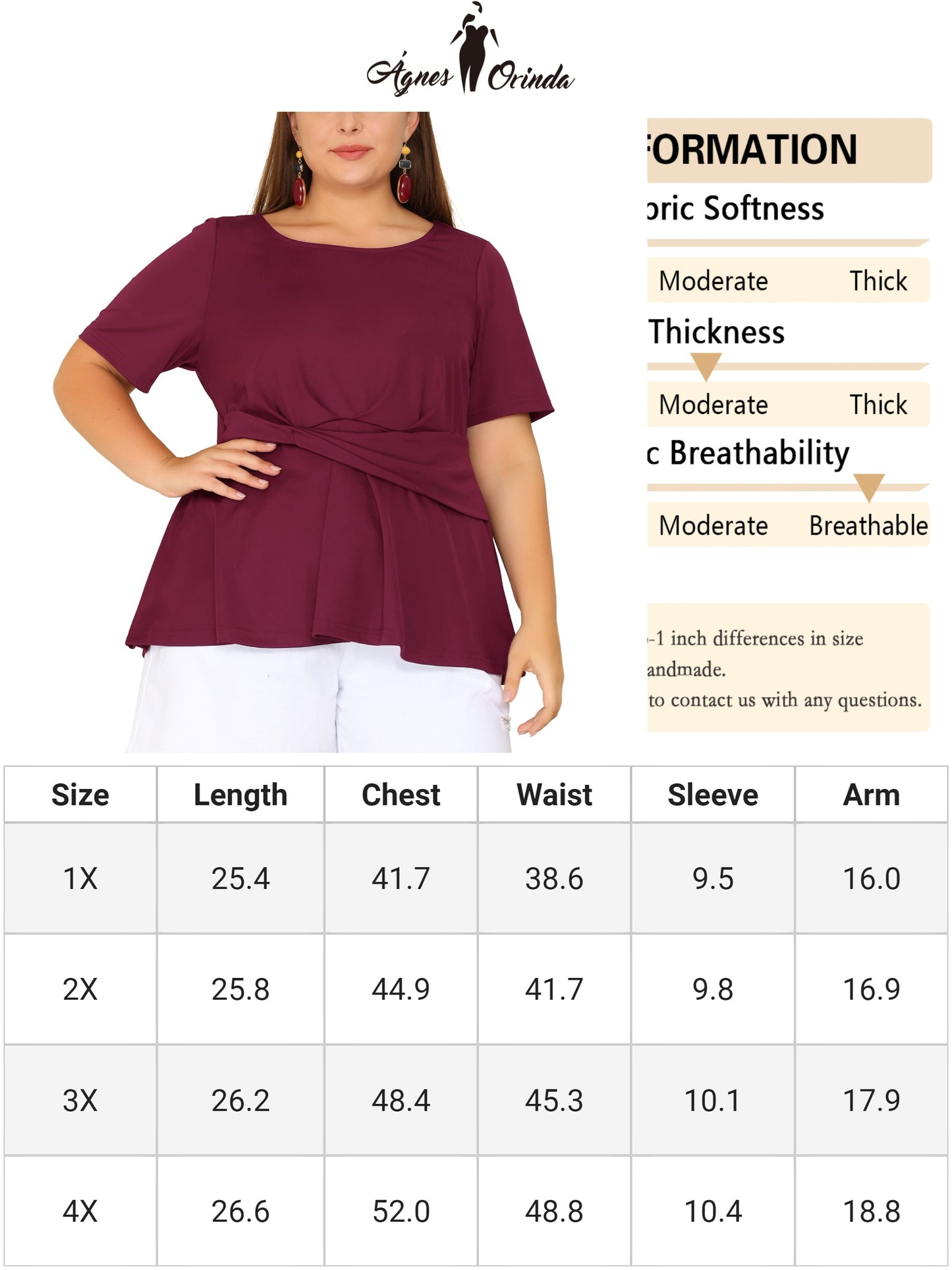 Women's Plus Size Short Sleeves Twisted Knot Front Peplum Top
