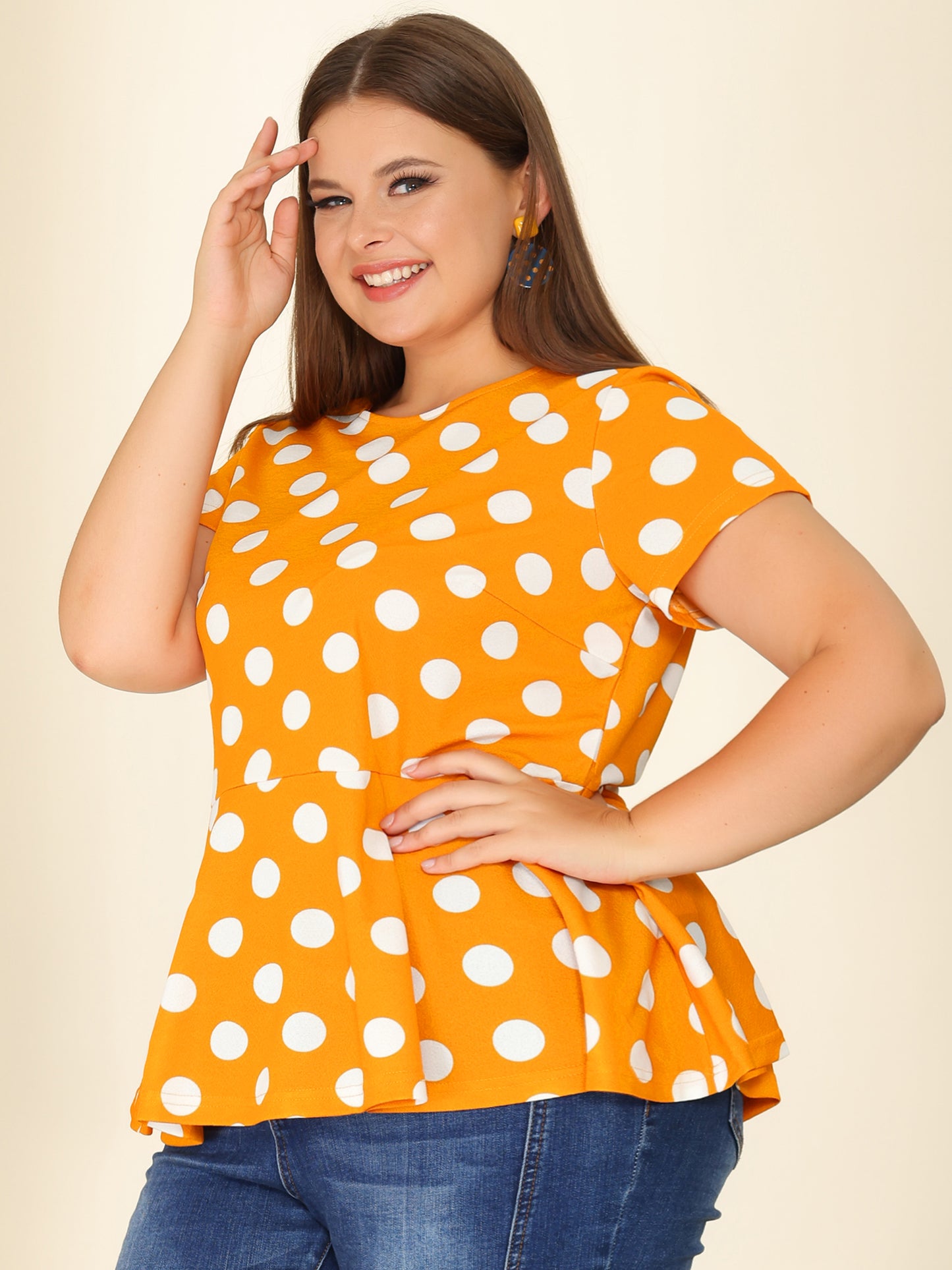 Women's Plus Size Short Sleeve Polka Dots Peplum Top