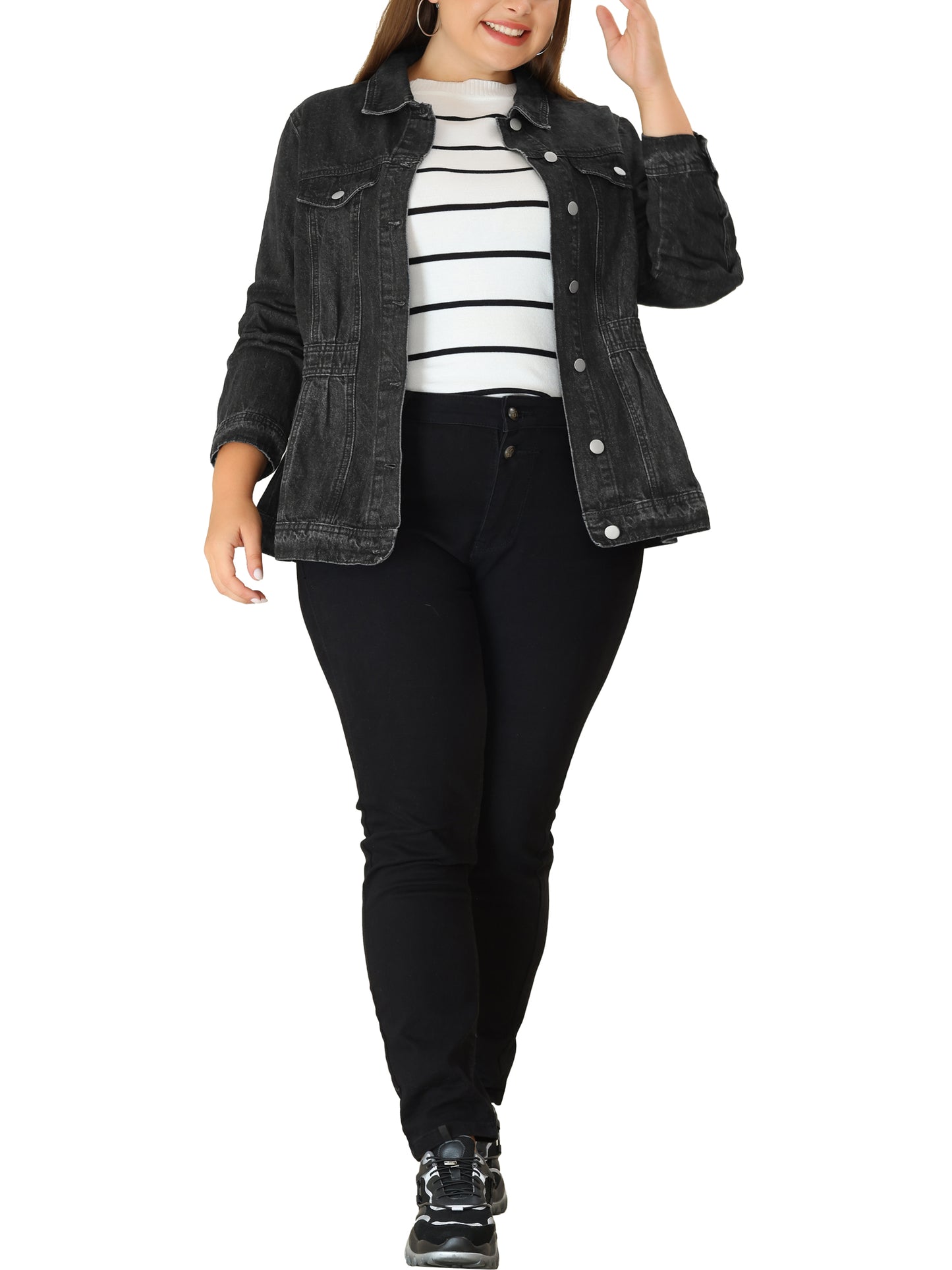 Women Plus Size Denim Jacket Long Sleeve Button Down Washed Front Trucker Jean Jacket