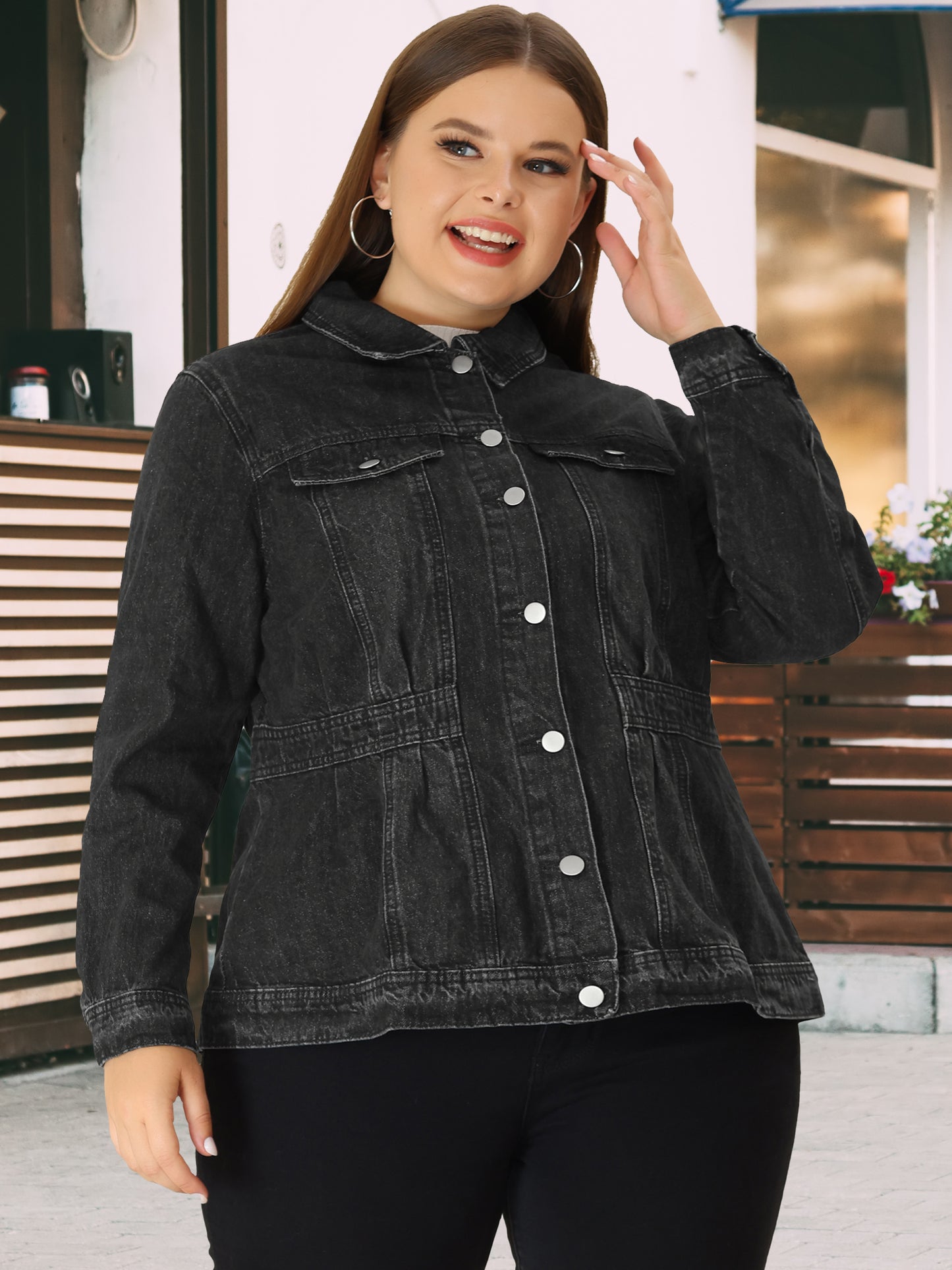 Women Plus Size Denim Jacket Long Sleeve Button Down Washed Front Trucker Jean Jacket